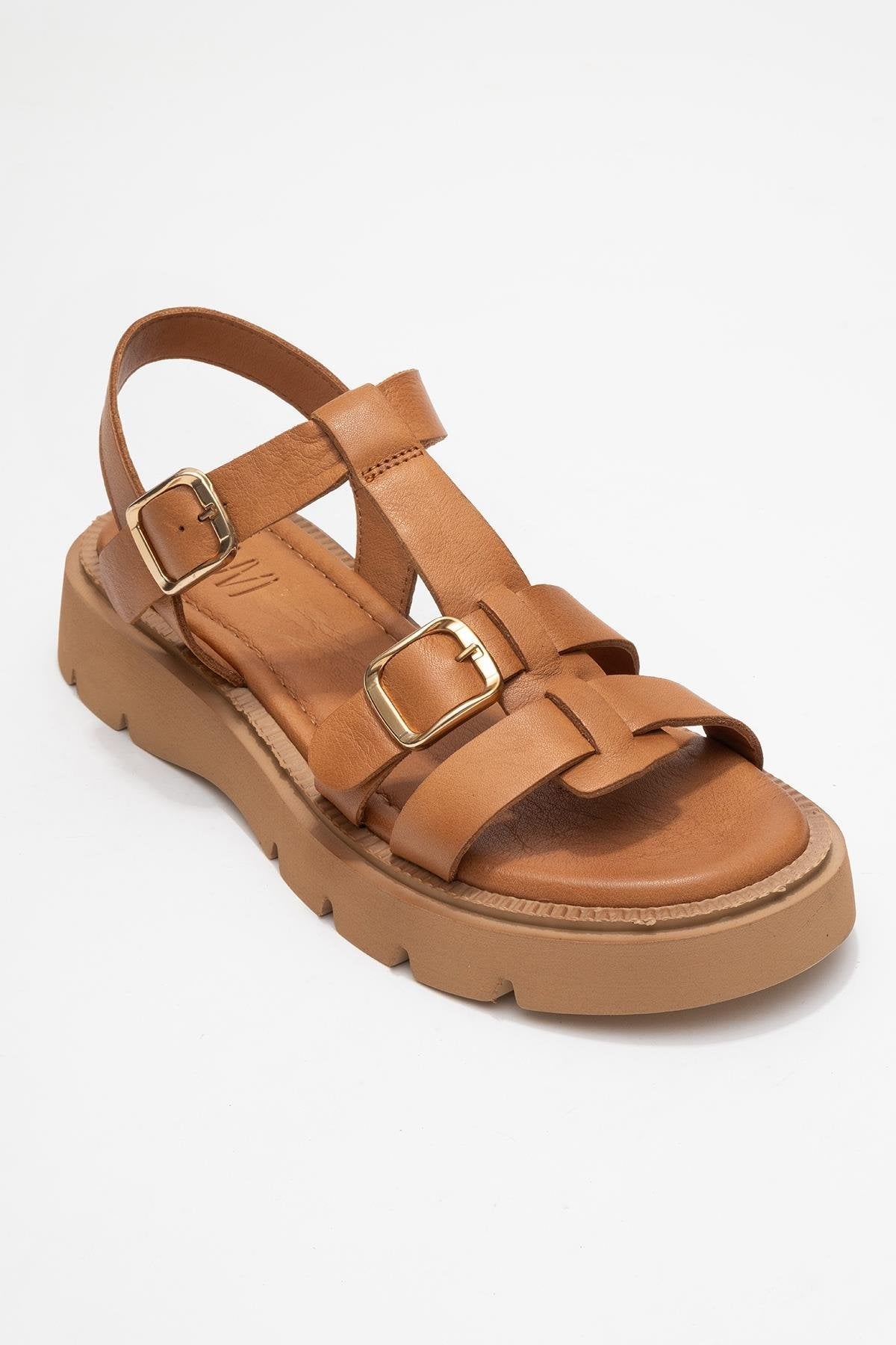 Melvin Cognac Brown Leather Sandal – detail view showing leather, red, Vowalisse
