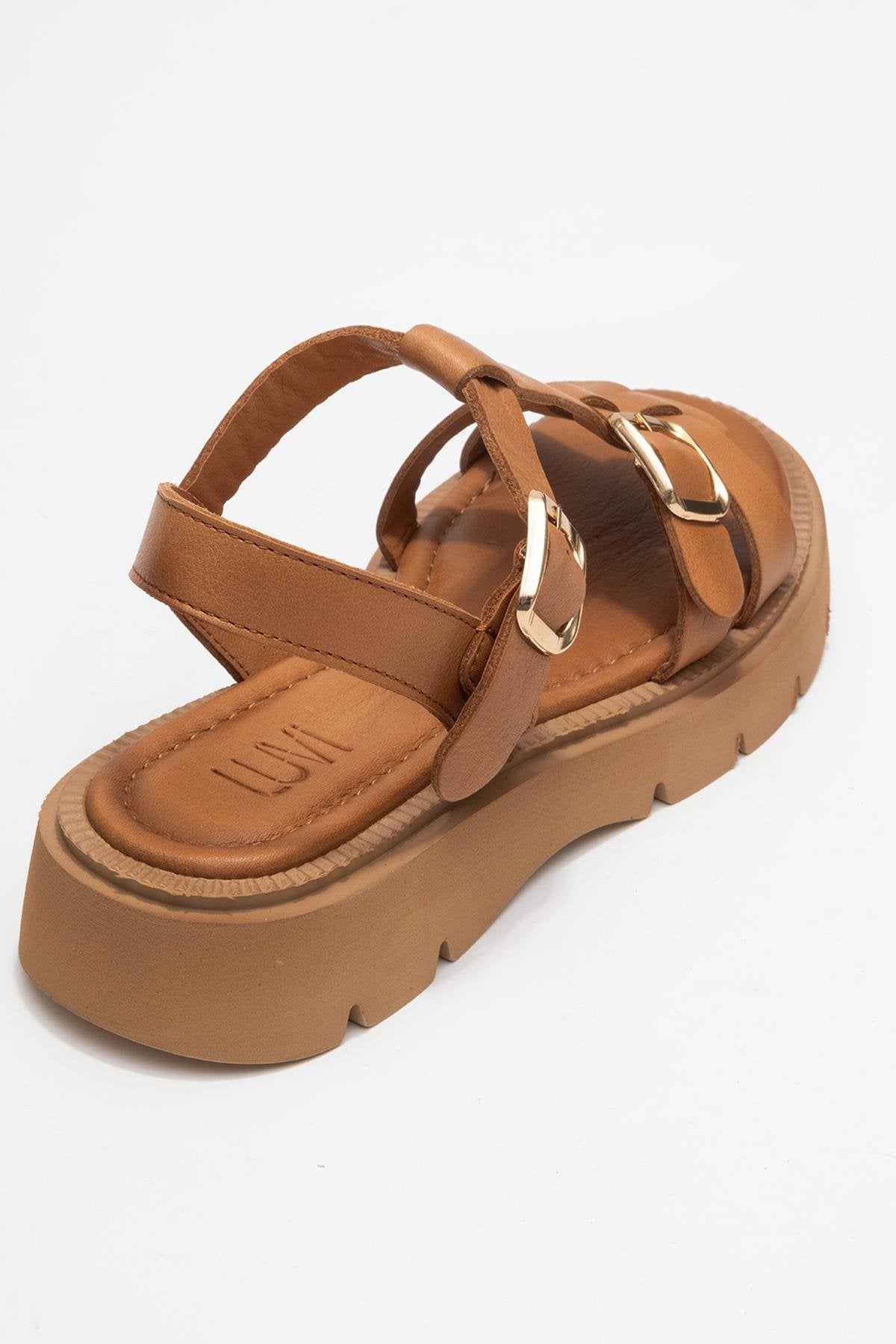 Melvin Cognac Brown Leather Sandal – back view showing leather, red, Vowalisse