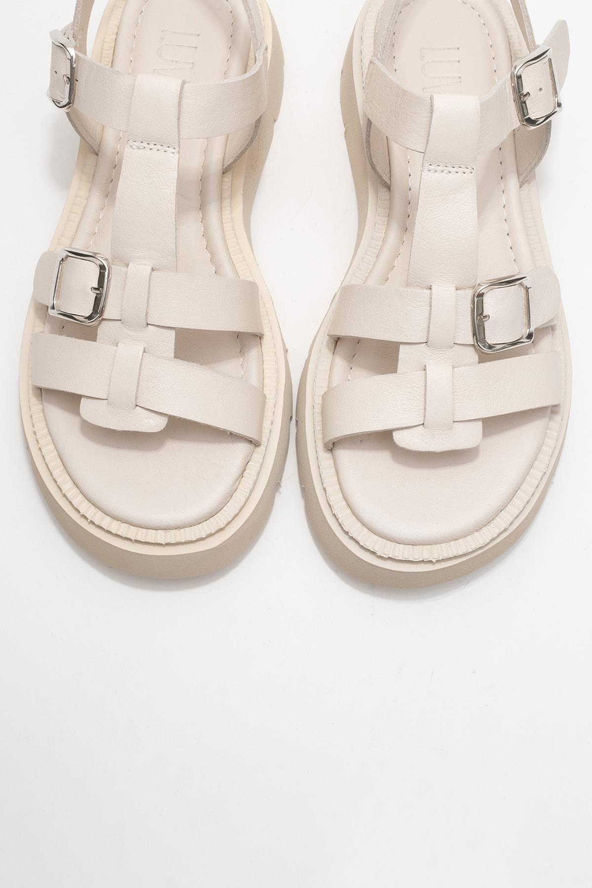 Melvin Beige Leather Sandal – side view showing leather, red, Vowalisse