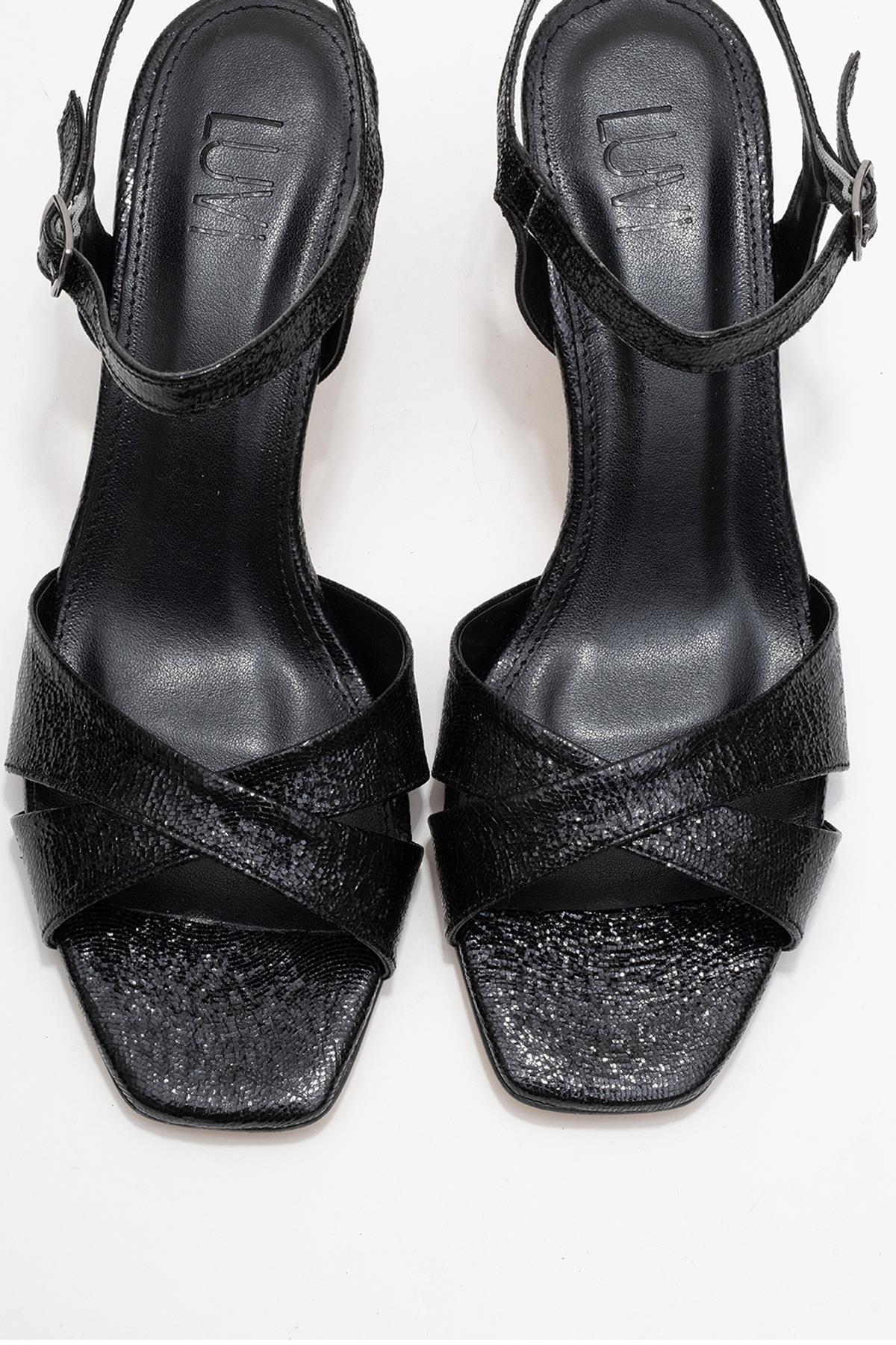 Melin - Black Patterned Cross-Band High Heel – side view showing leather, black, Vowalisse
