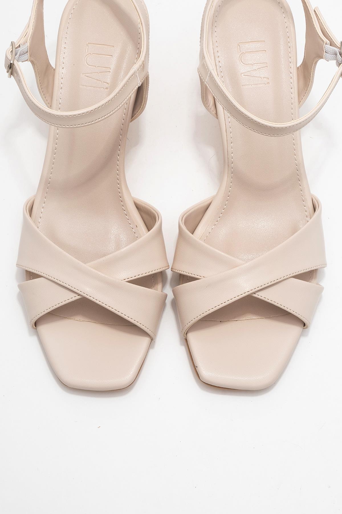 Melin - Beige Cross-Strap Stiletto Heel – side view showing leather, Vowalisse