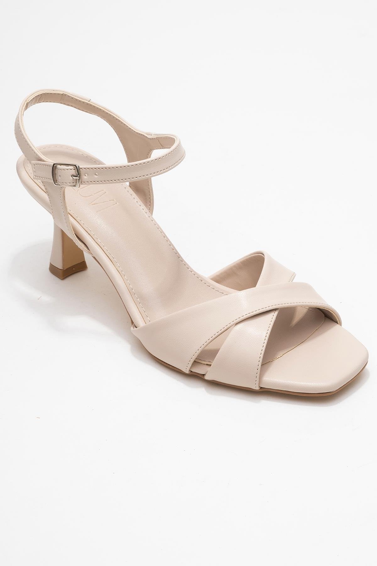 Melin - Beige Cross-Strap Stiletto Heel – detail view showing leather, Vowalisse