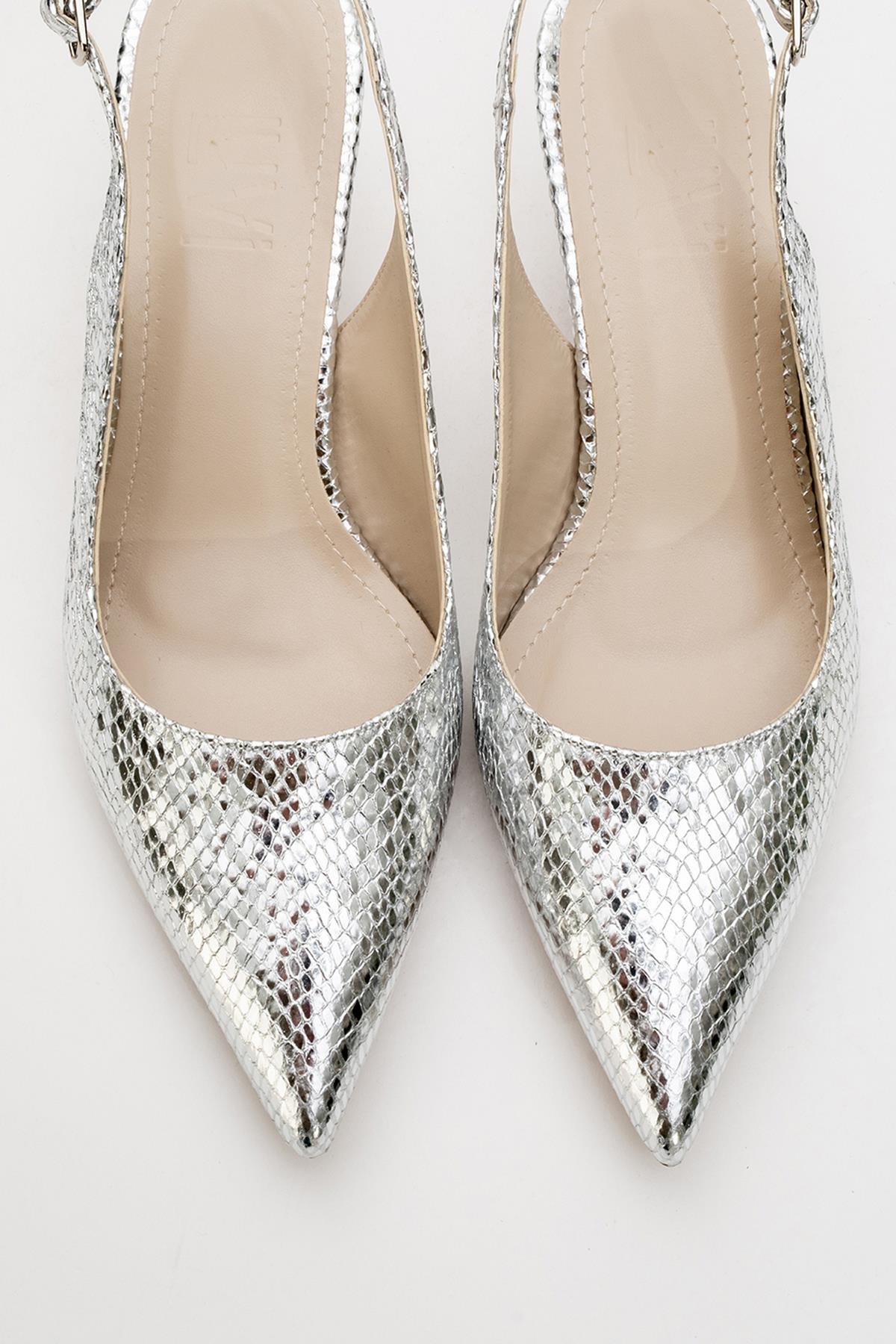 Value - Silver Patterned Heeled Shoe – back view showing leather, metallic, silver, Vowalisse
