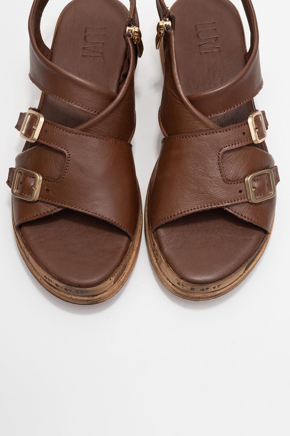 Levine Brown Leather Buckled Side-Zip Sandal – side view showing leather, red, Vowalisse