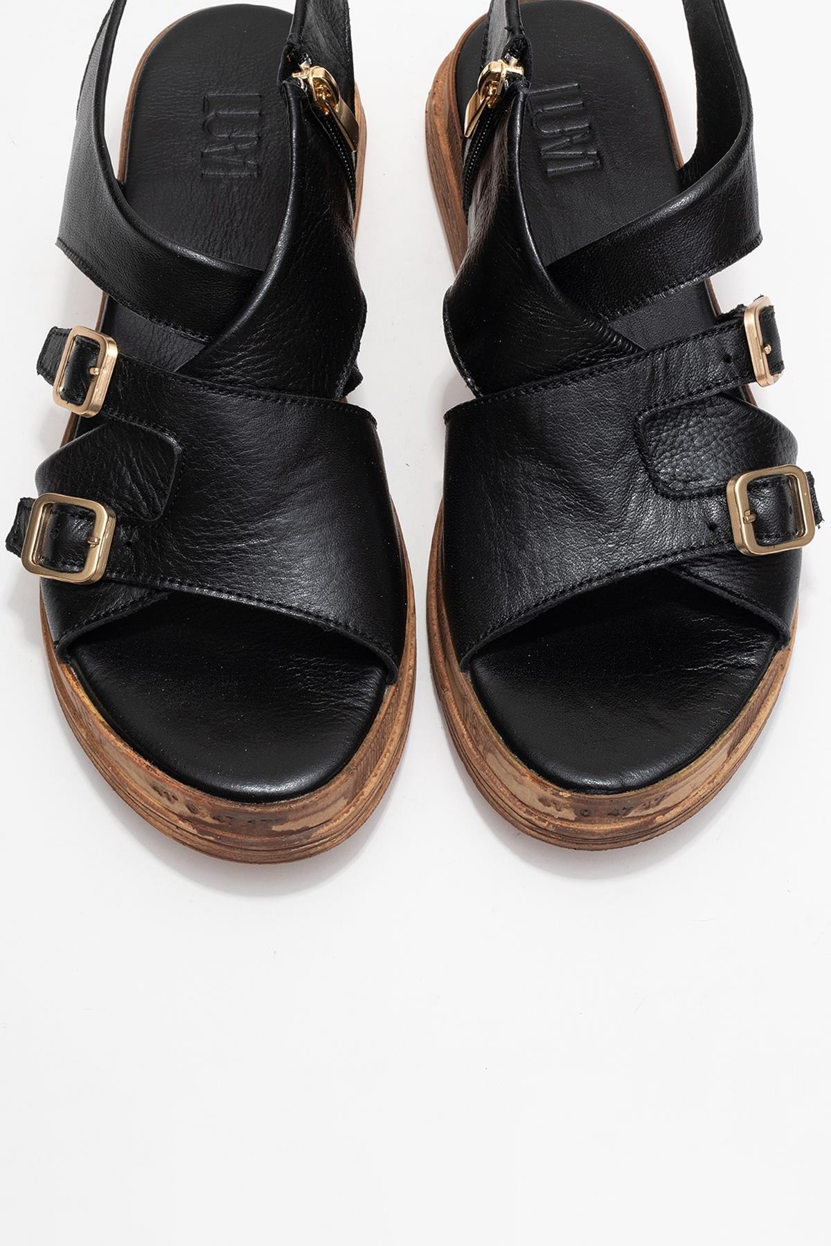 Levine Black Leather Buckled Side-Zip Sandal – side view showing leather, black, red, Vowalisse