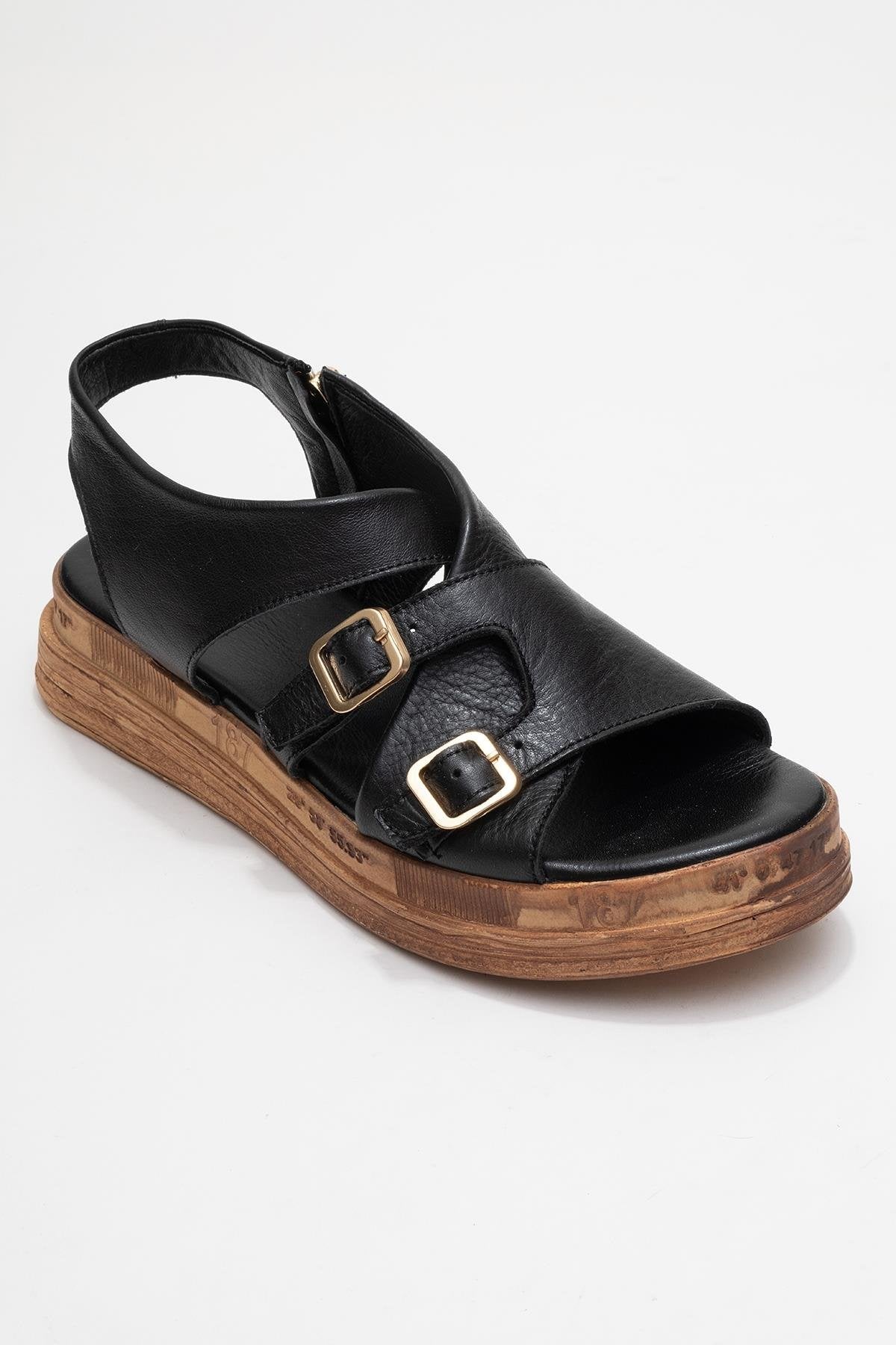 Levine Black Leather Buckled Side-Zip Sandal – detail view showing leather, black, red, Vowalisse