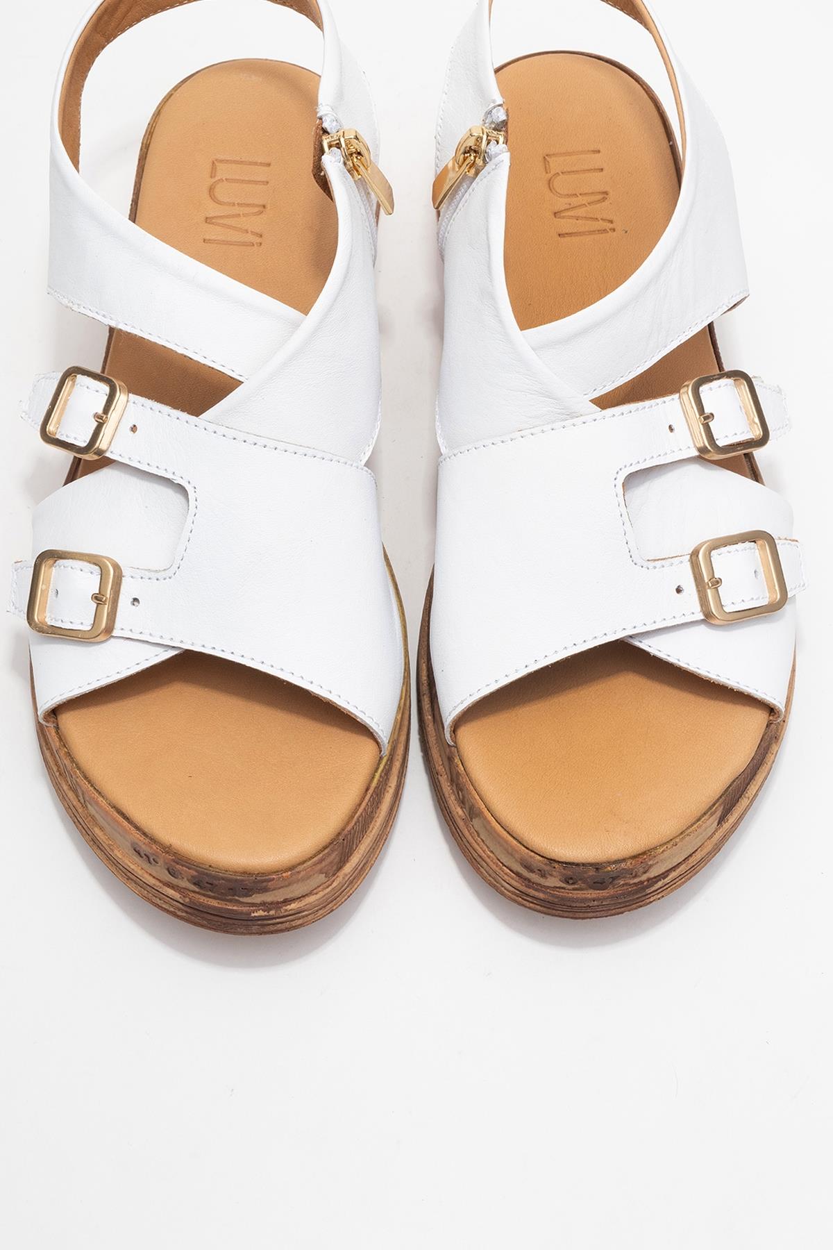 Levine White Leather Buckled Side-Zip Sandal – side view showing leather, white, red, Vowalisse
