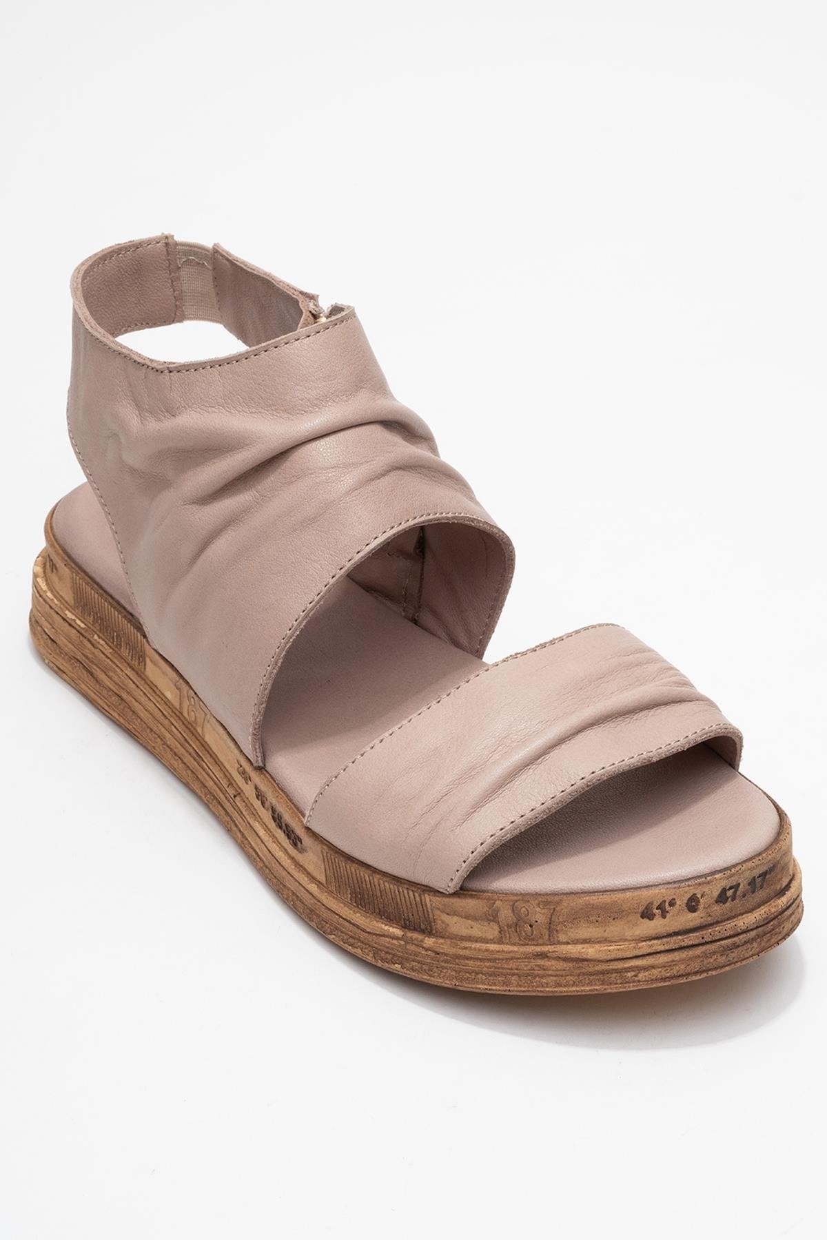 Lunas Stone Leather Side‑Zip Flat Heel Sandal – detail view showing leather, red, Vowalisse