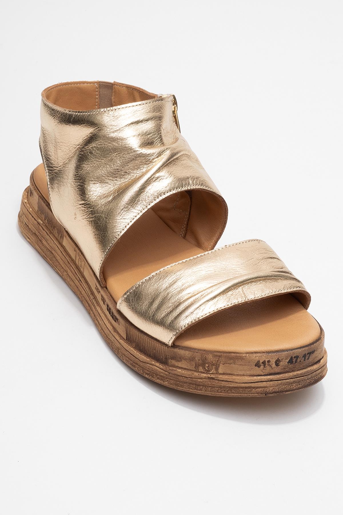 Lunas Gold Leather Side‑Zip Flat Heel Sandal – detail view showing leather, gold, red, Vowalisse