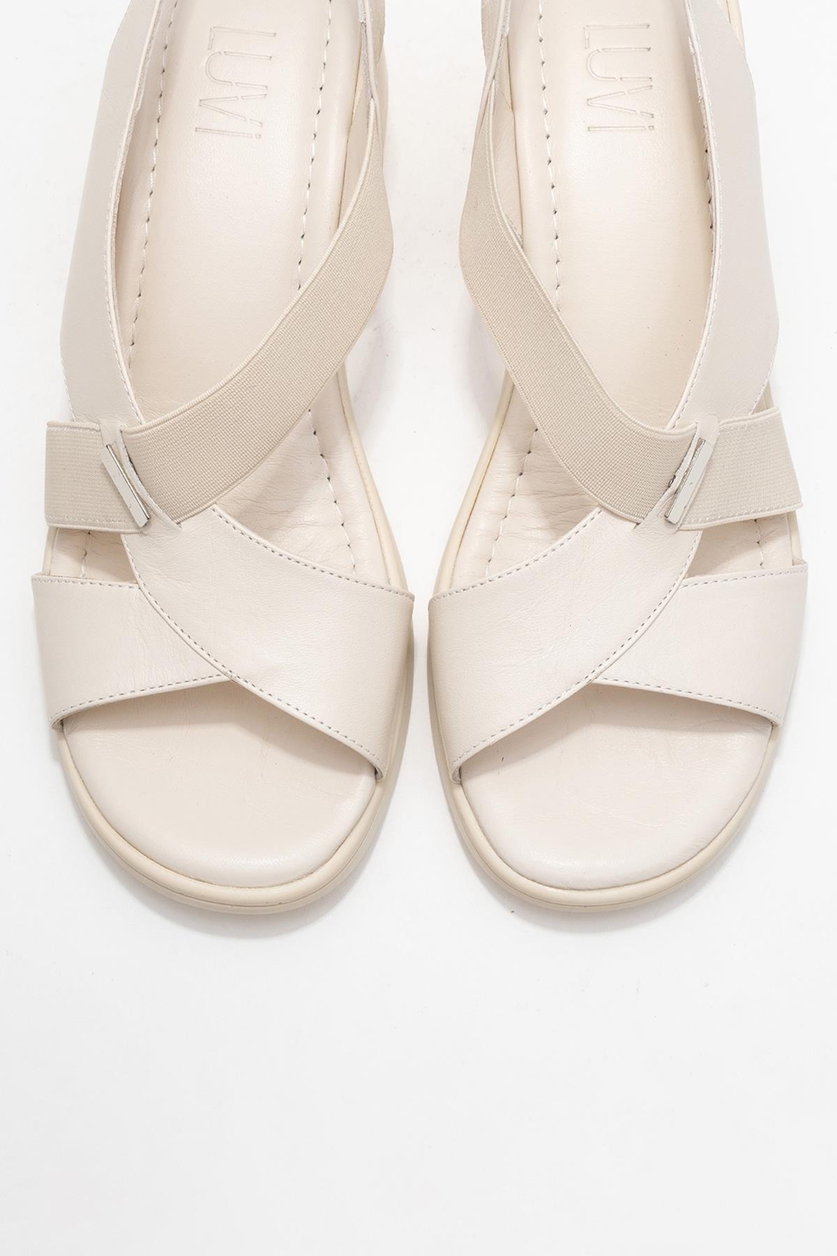 Crina Beige Elasticated Leather Chunky Heel Sandal – side view showing leather, red, Vowalisse
