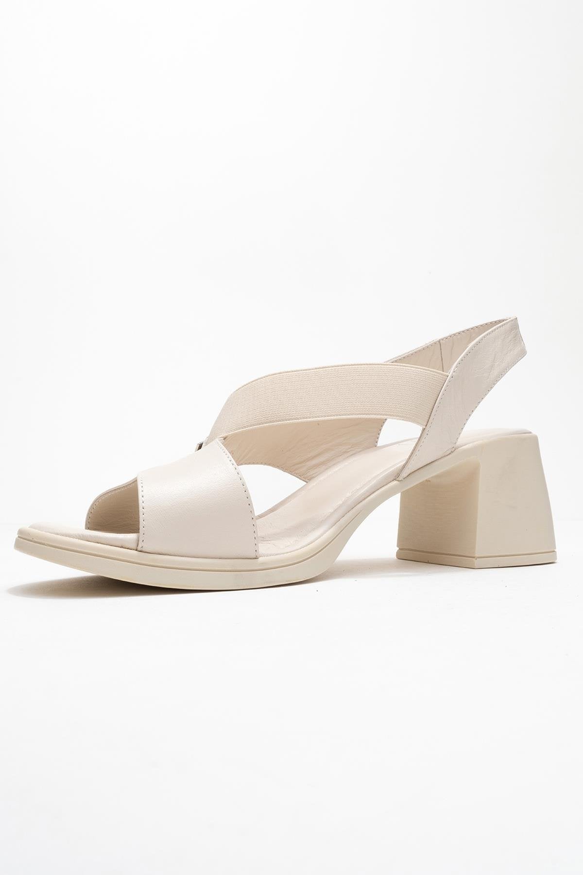 Crina Beige Elasticated Leather Chunky Heel Sandal – heel view showing leather, red, Vowalisse