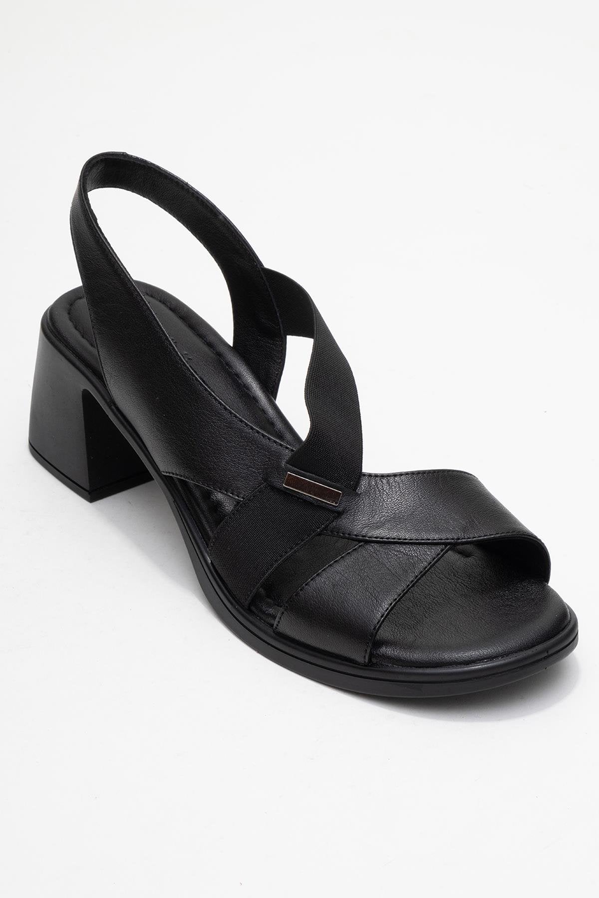 Crina Black Elasticated Leather Chunky Heel Sandal – detail view showing leather, black, red, Vowalisse