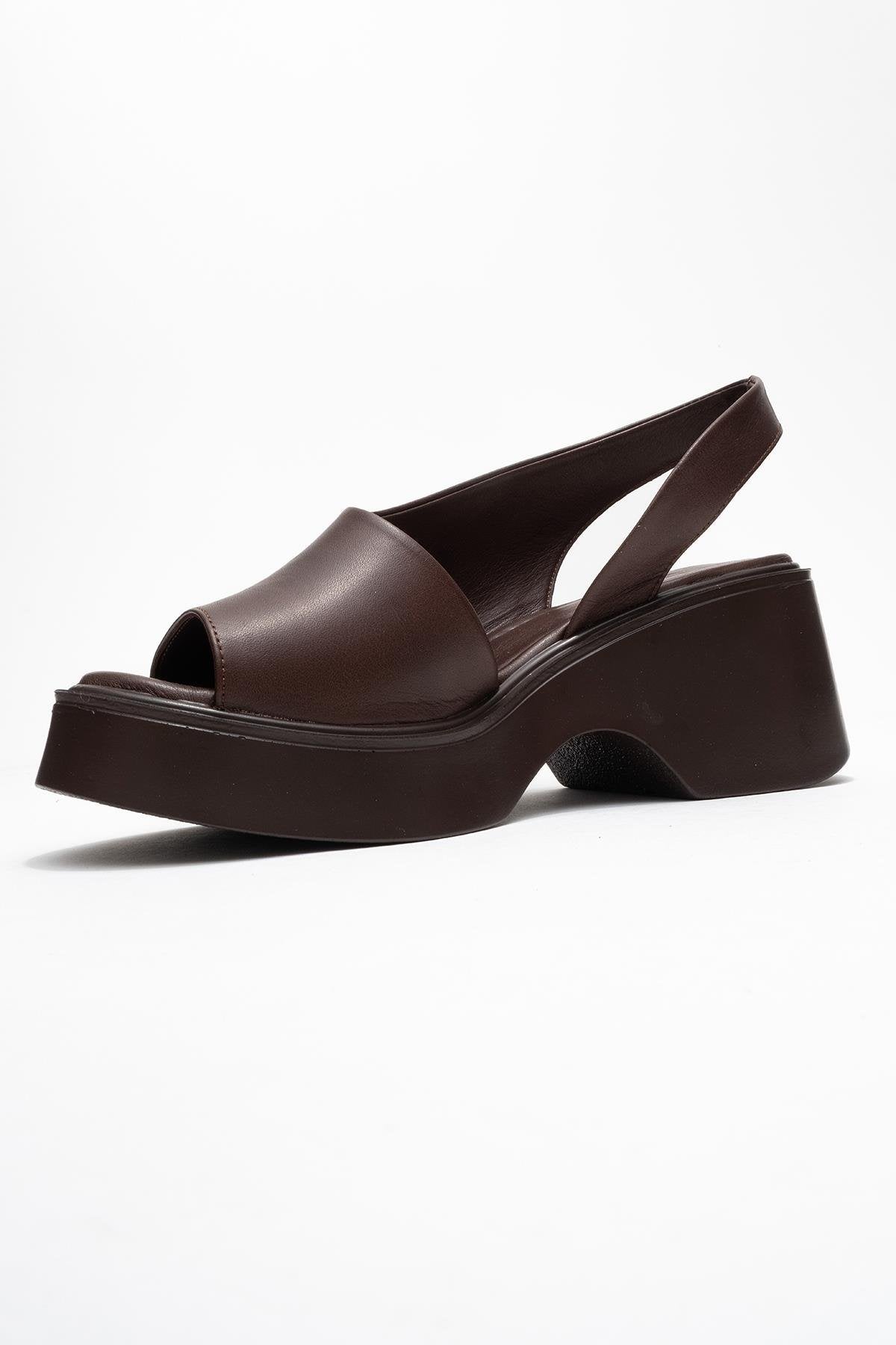 Roy - Cognac Genuine Leather Wedge Sandal – heel view showing leather, Vowalisse