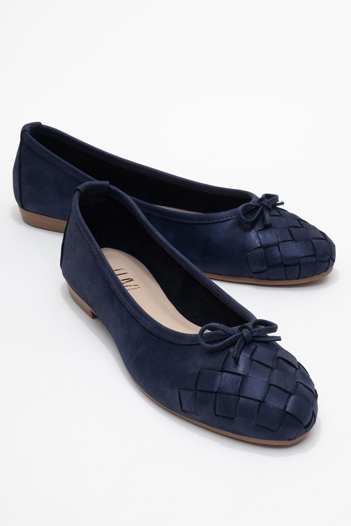 03 - Navy Glitter Genuine Leather Ballet Flat – front three-quarter view showing leather, glitter, Vowalisse