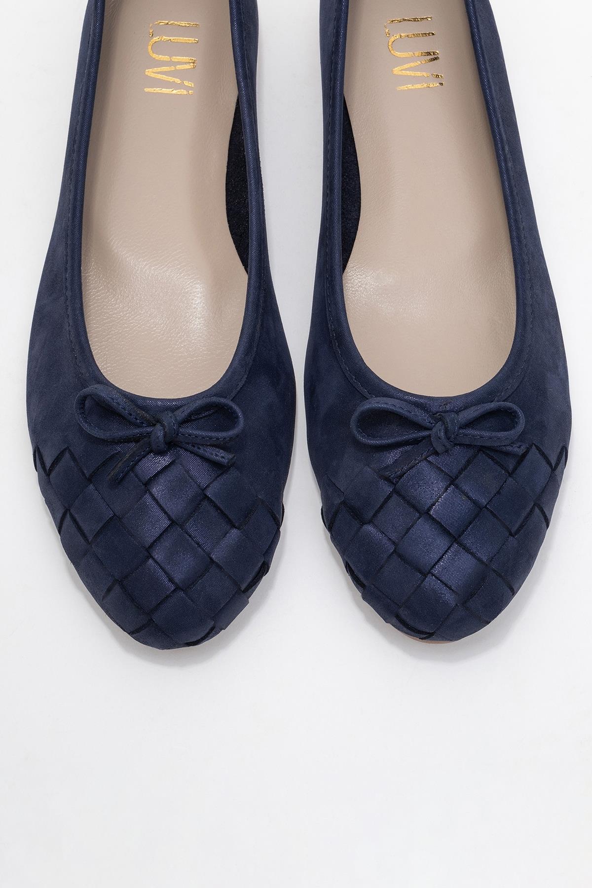 03 - Navy Glitter Genuine Leather Ballet Flat – side view showing leather, glitter, Vowalisse