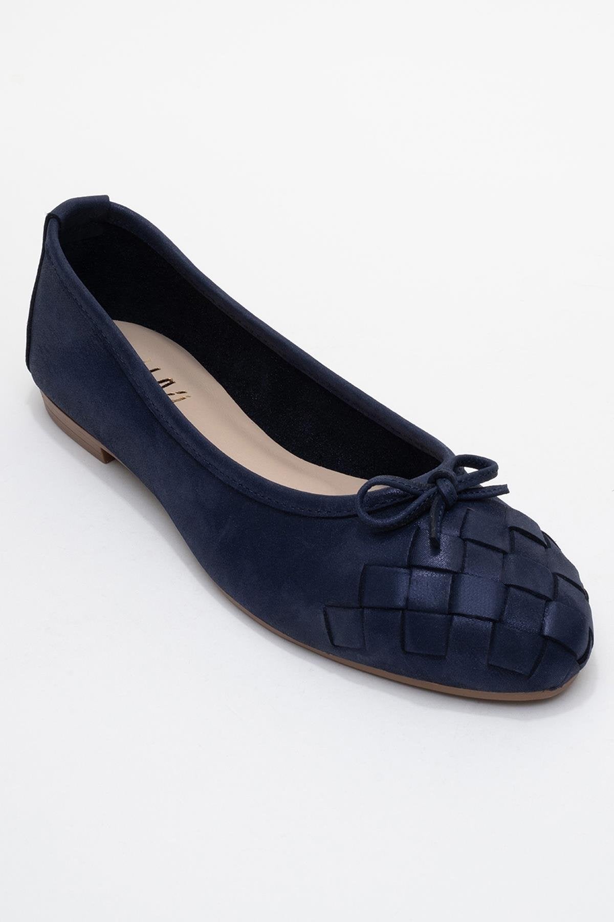 03 - Navy Glitter Genuine Leather Ballet Flat – detail view showing leather, glitter, Vowalisse