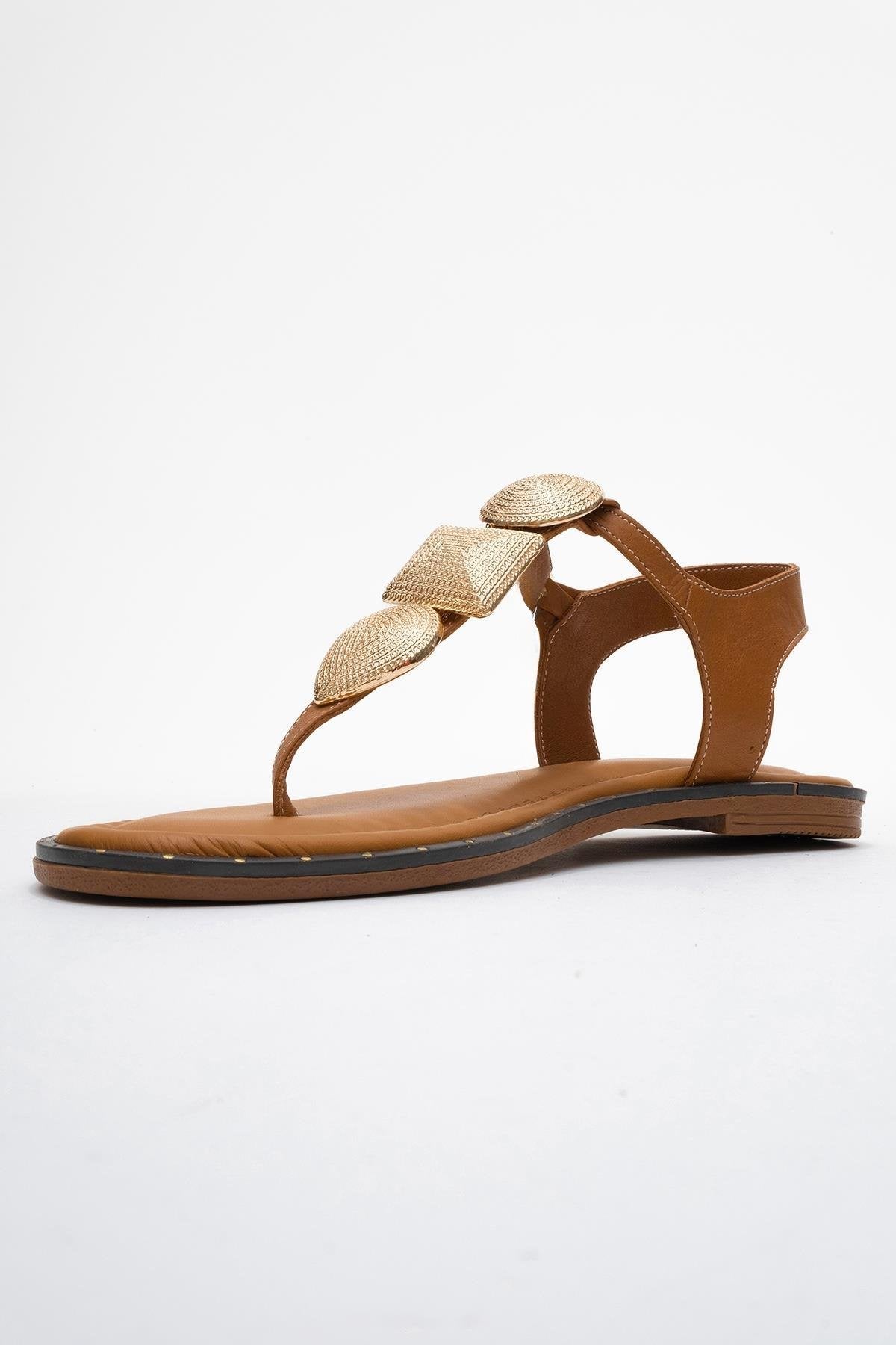 Giulia - Cognac Brown Leather Flat Sandal – heel view showing leather, gold, Vowalisse