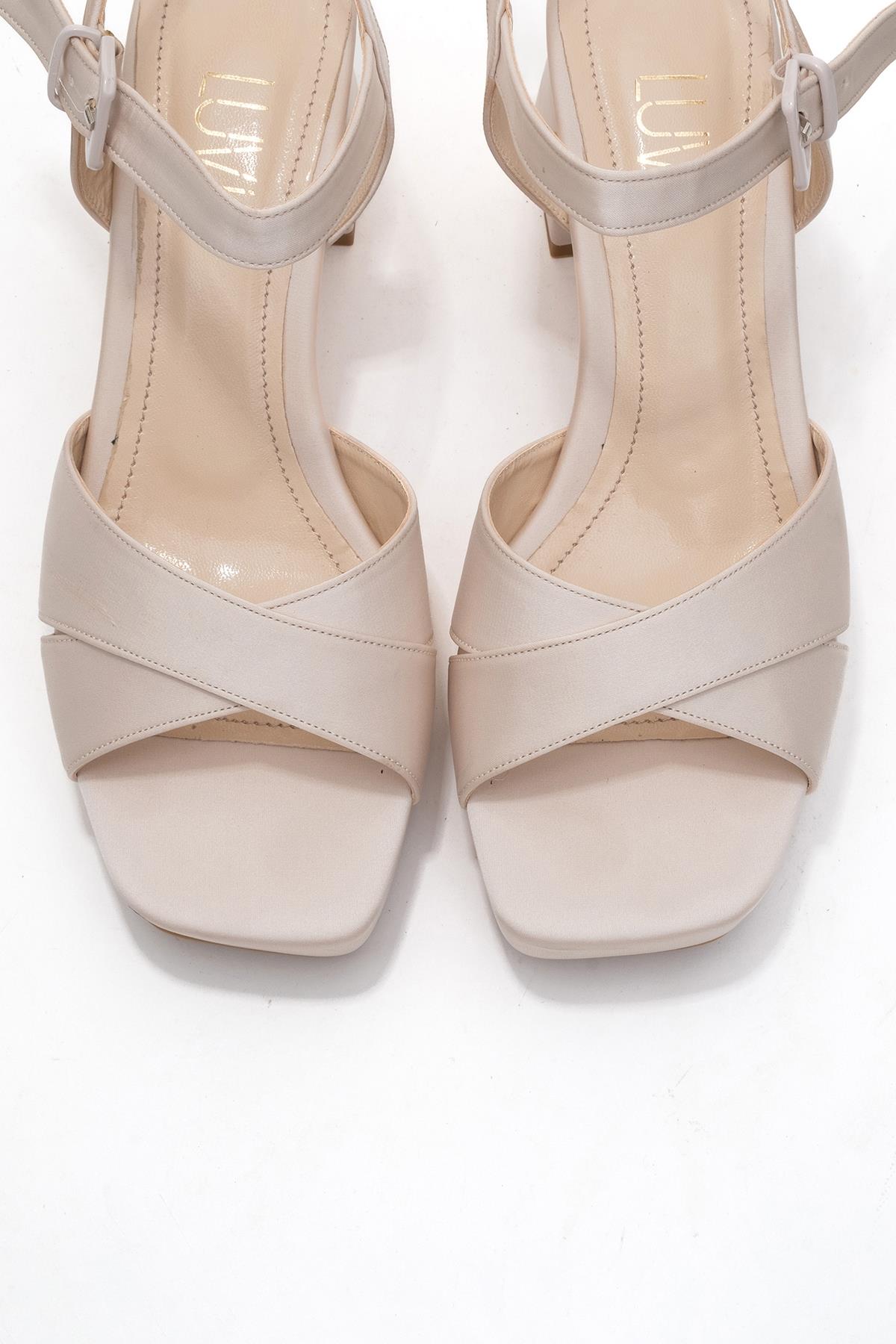 Lisbon - Beige Satin Cross-Strap Platform Heel Shoe – side view showing satin, leather, Vowalisse