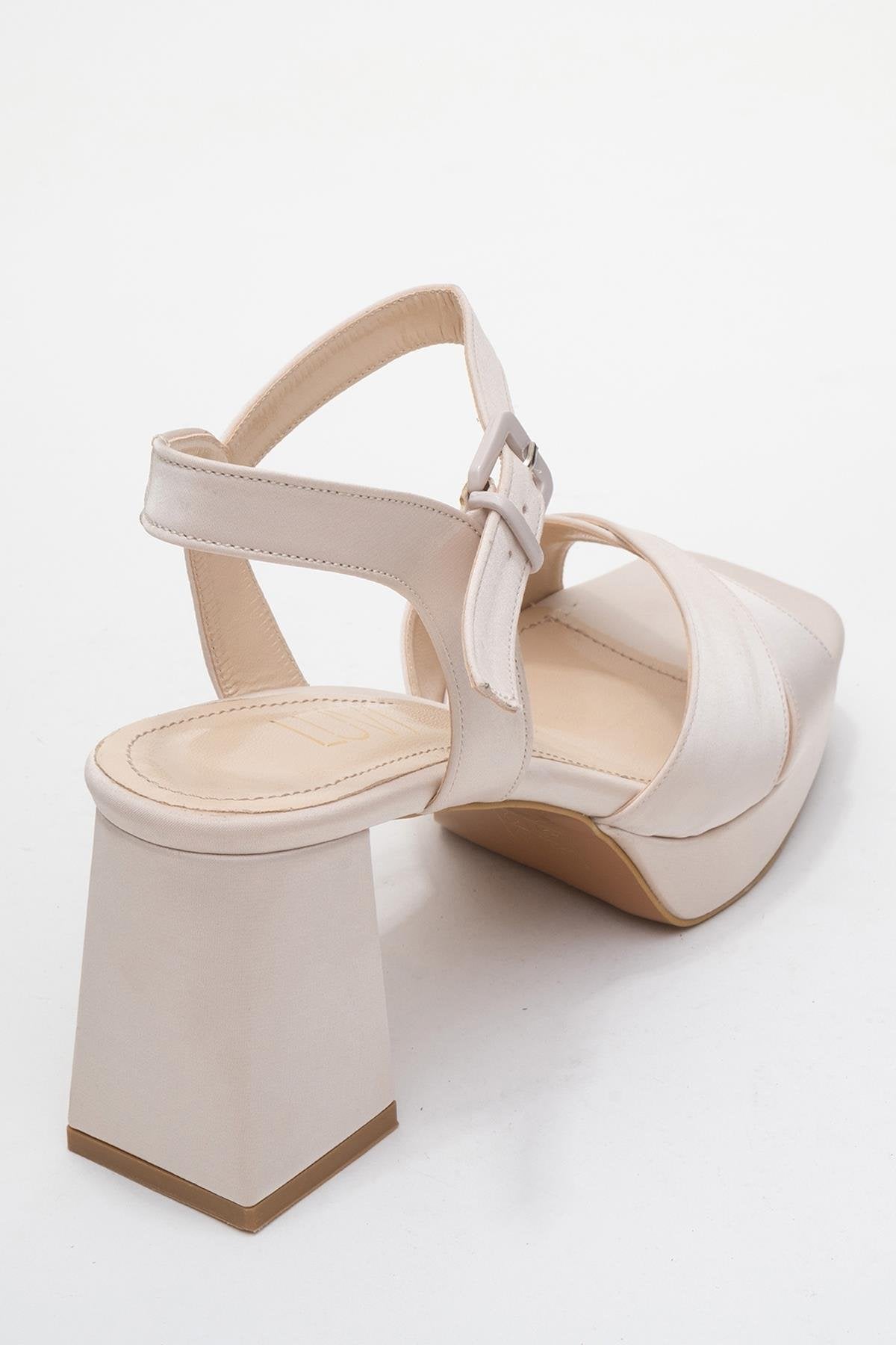 Lisbon - Beige Satin Cross-Strap Platform Heel Shoe – back view showing satin, leather, Vowalisse