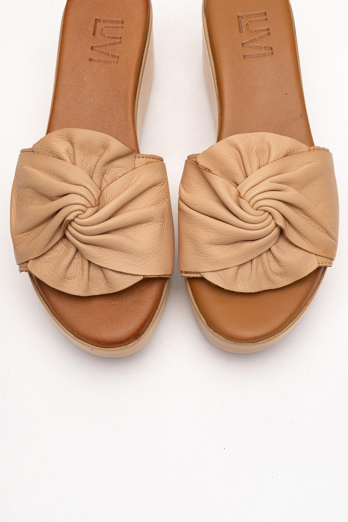 Syndra - Dark Beige Bow Wedge Leather Sandal – side view showing bow, leather, Vowalisse