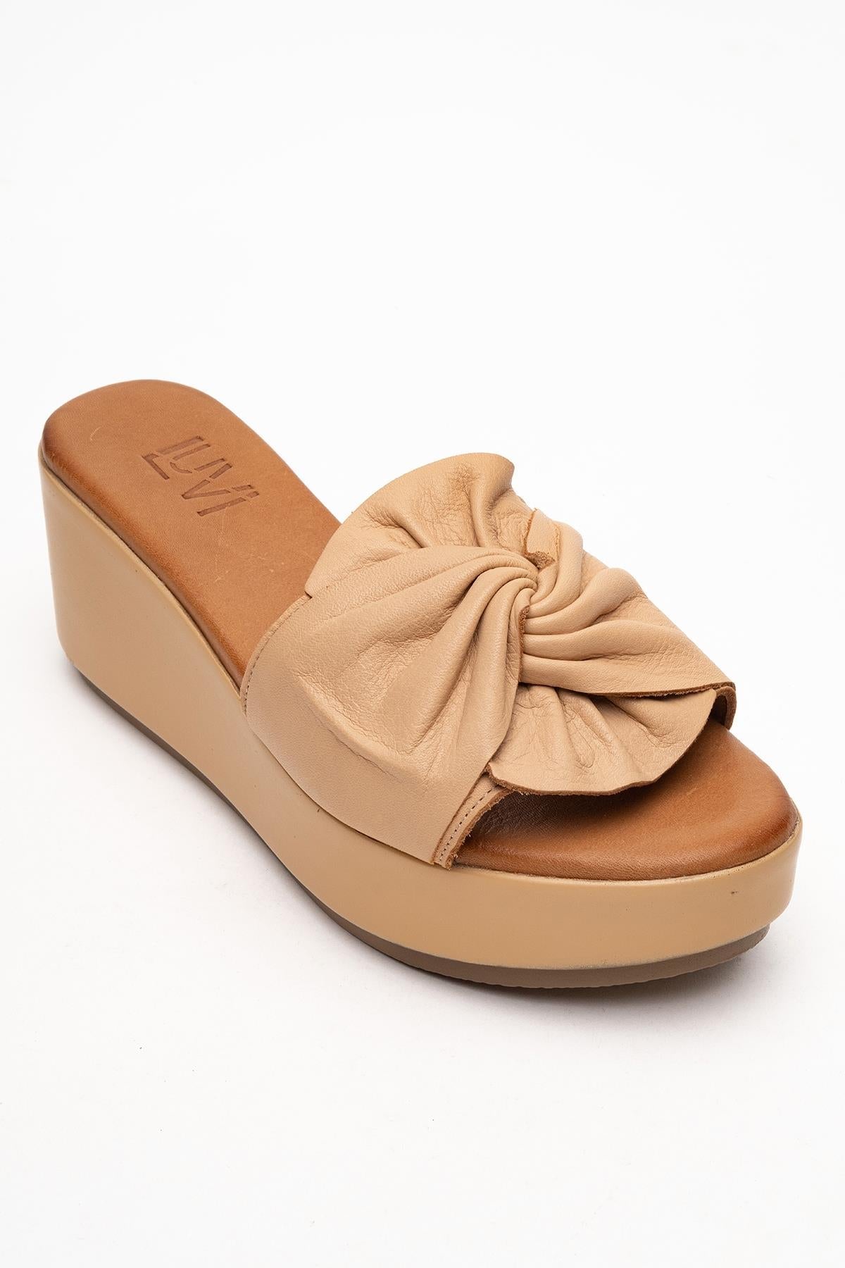 Syndra - Dark Beige Bow Wedge Leather Sandal – detail view showing bow, leather, Vowalisse