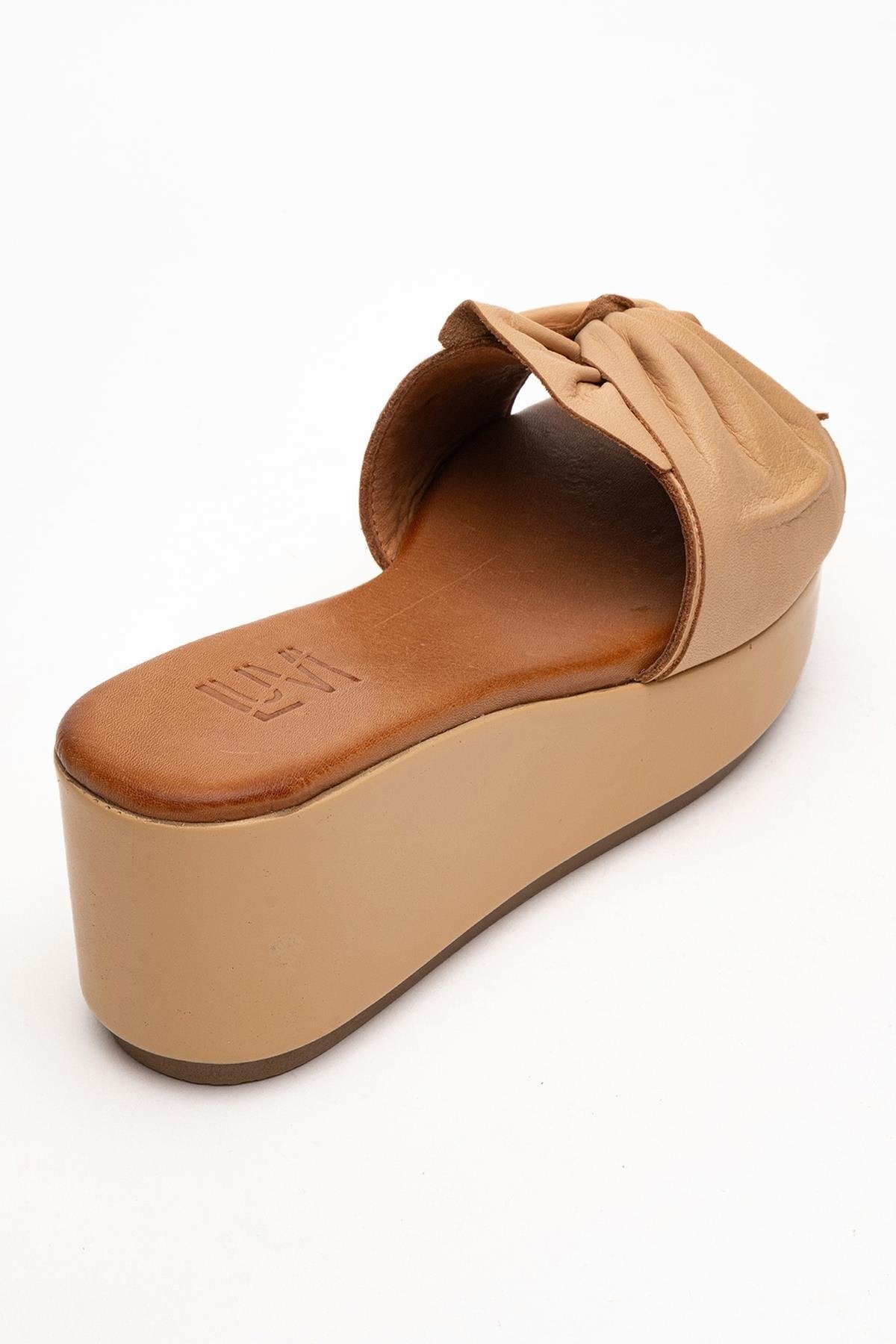 Syndra - Dark Beige Bow Wedge Leather Sandal – back view showing bow, leather, Vowalisse