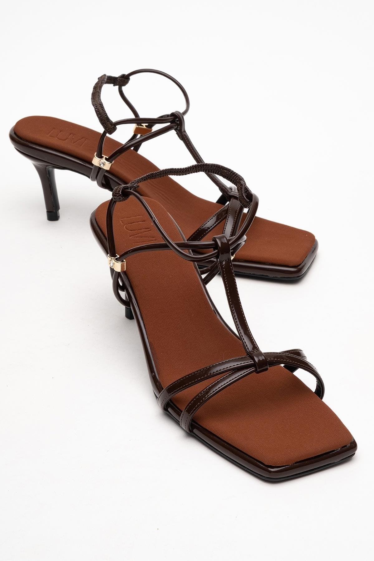 Gibson - Brown Patent Square-Toe Heeled Sandal – front three-quarter view showing leather, Vowalisse
