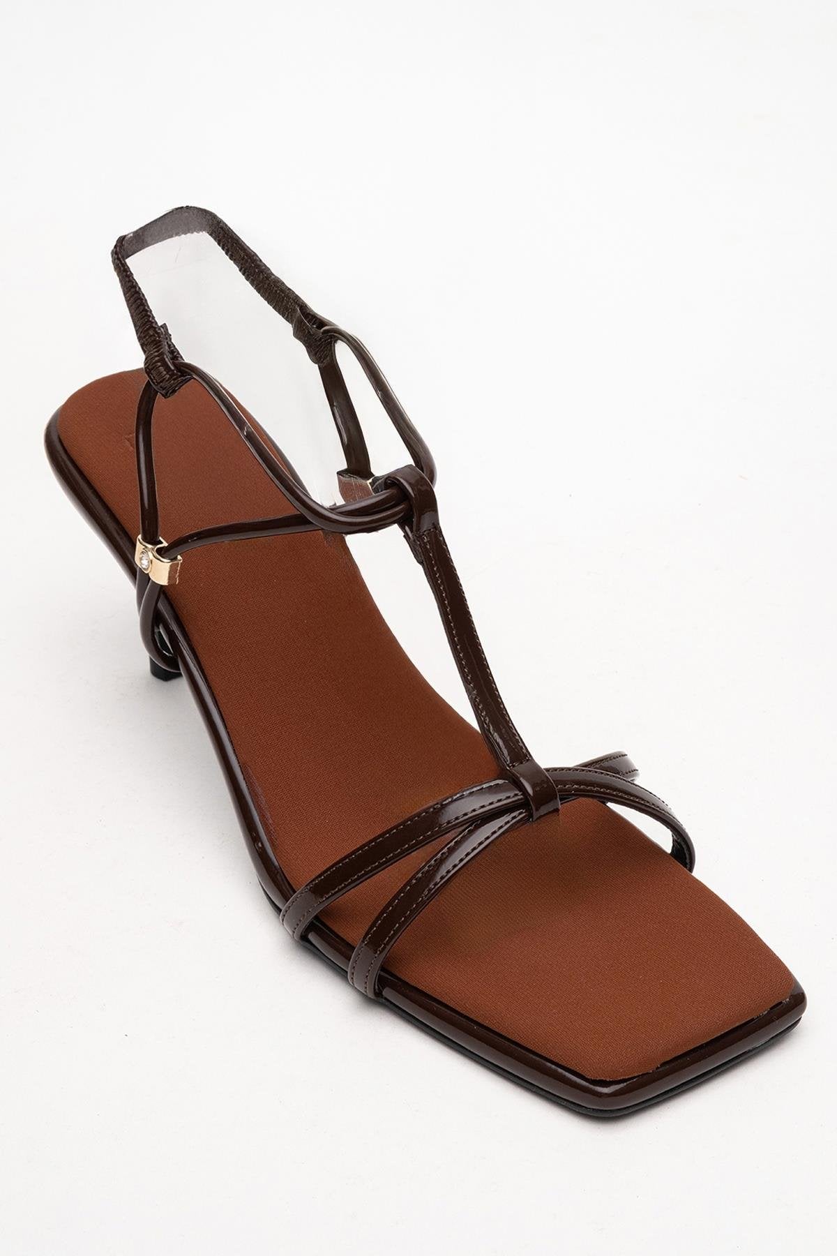 Gibson - Brown Patent Square-Toe Heeled Sandal – detail view showing leather, Vowalisse