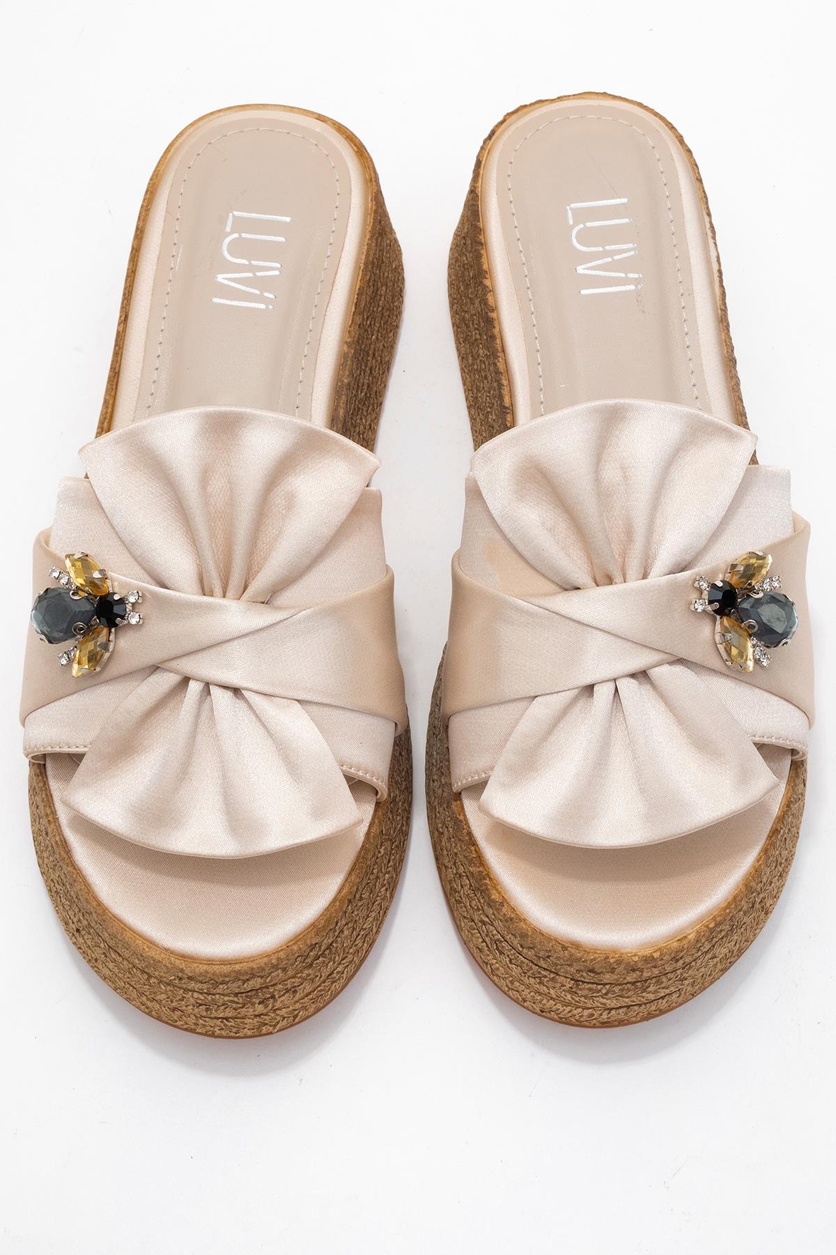 Shara Beige Satin Bow & Bee Buckle Platform Sandal – side view showing bow, satin, leather, Vowalisse