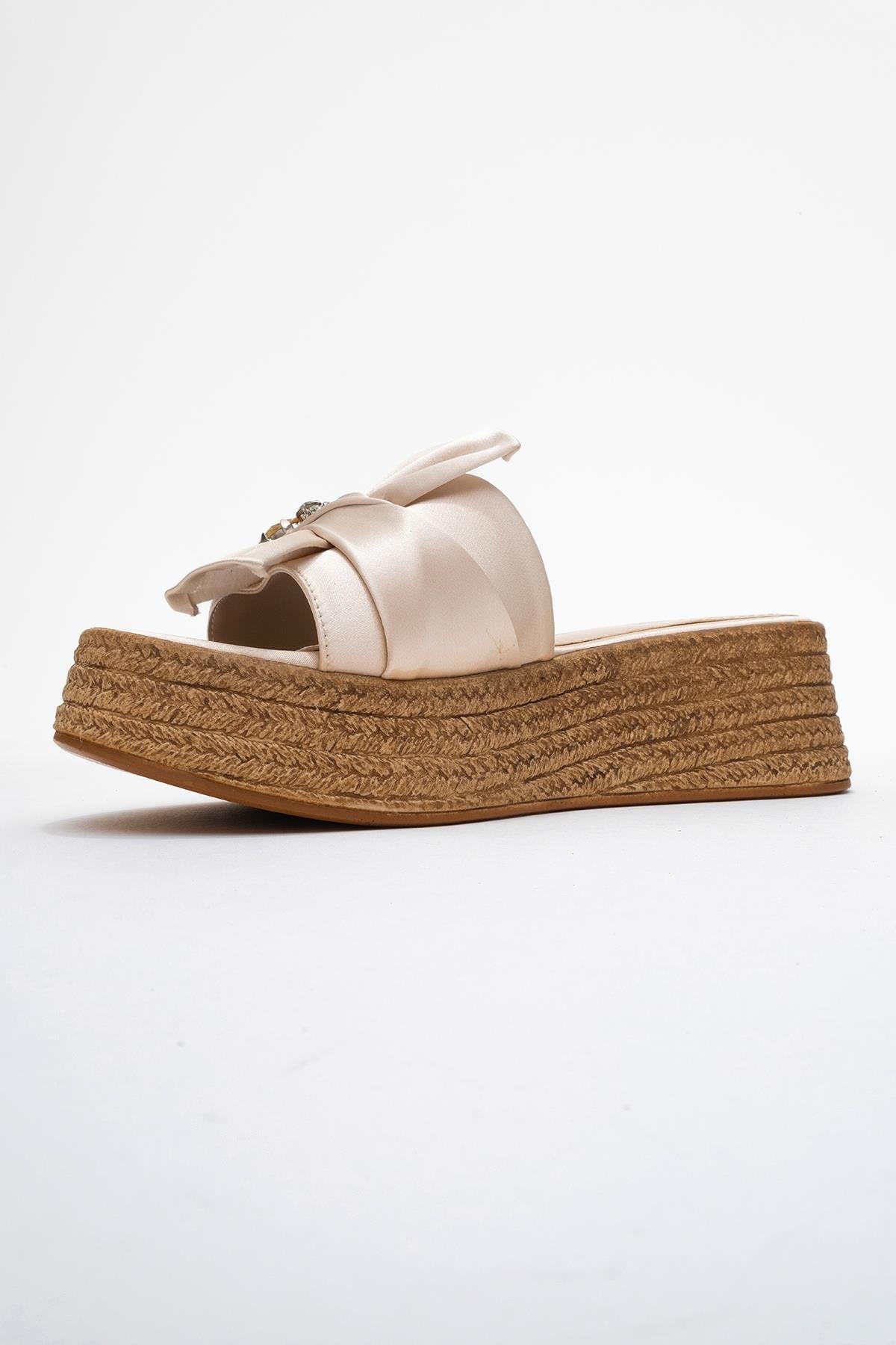 Shara Beige Satin Bow & Bee Buckle Platform Sandal – heel view showing bow, satin, leather, Vowalisse
