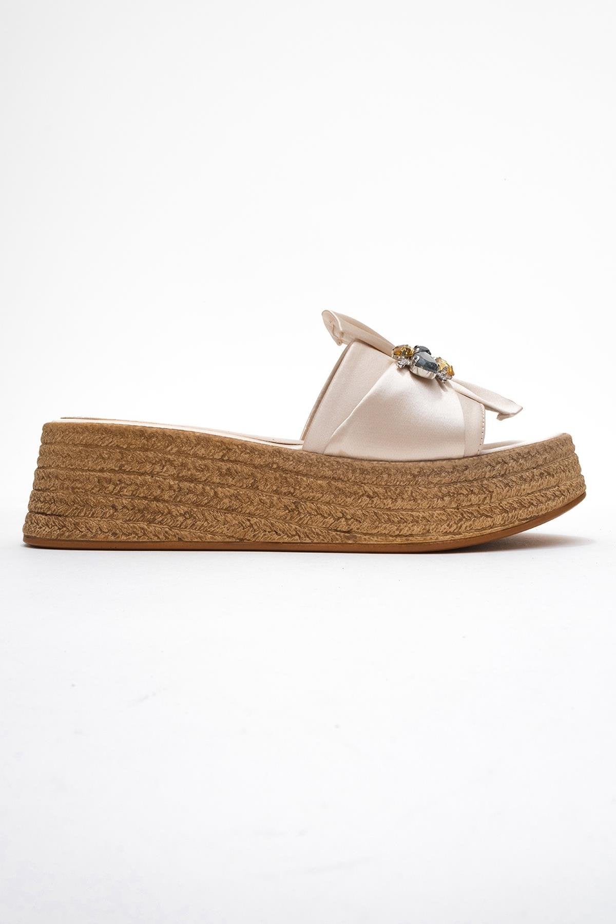 Shara Beige Satin Bow & Bee Buckle Platform Sandal – top view showing bow, satin, leather, Vowalisse