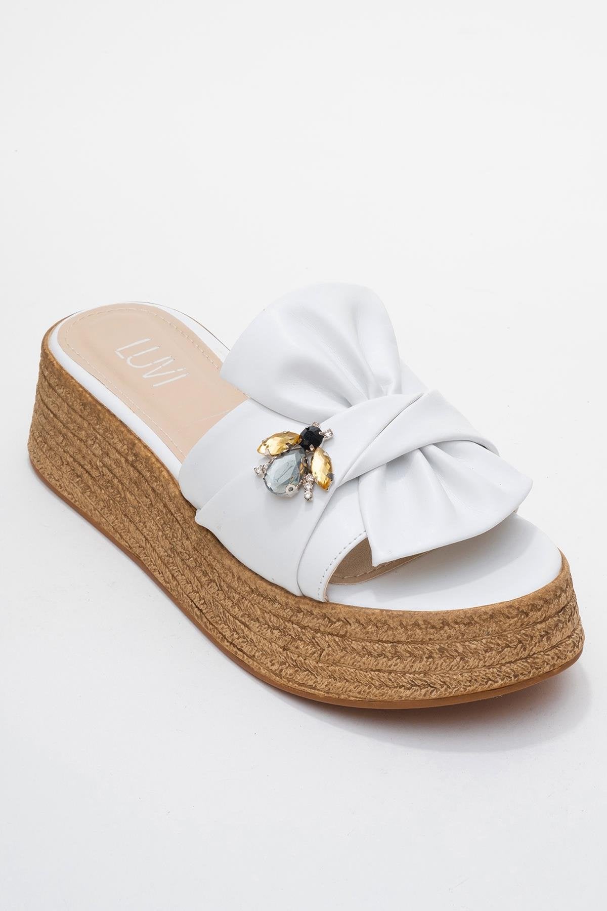 Shara White Bow & Bee Buckle Platform Sandal – detail view showing bow, leather, white, Vowalisse