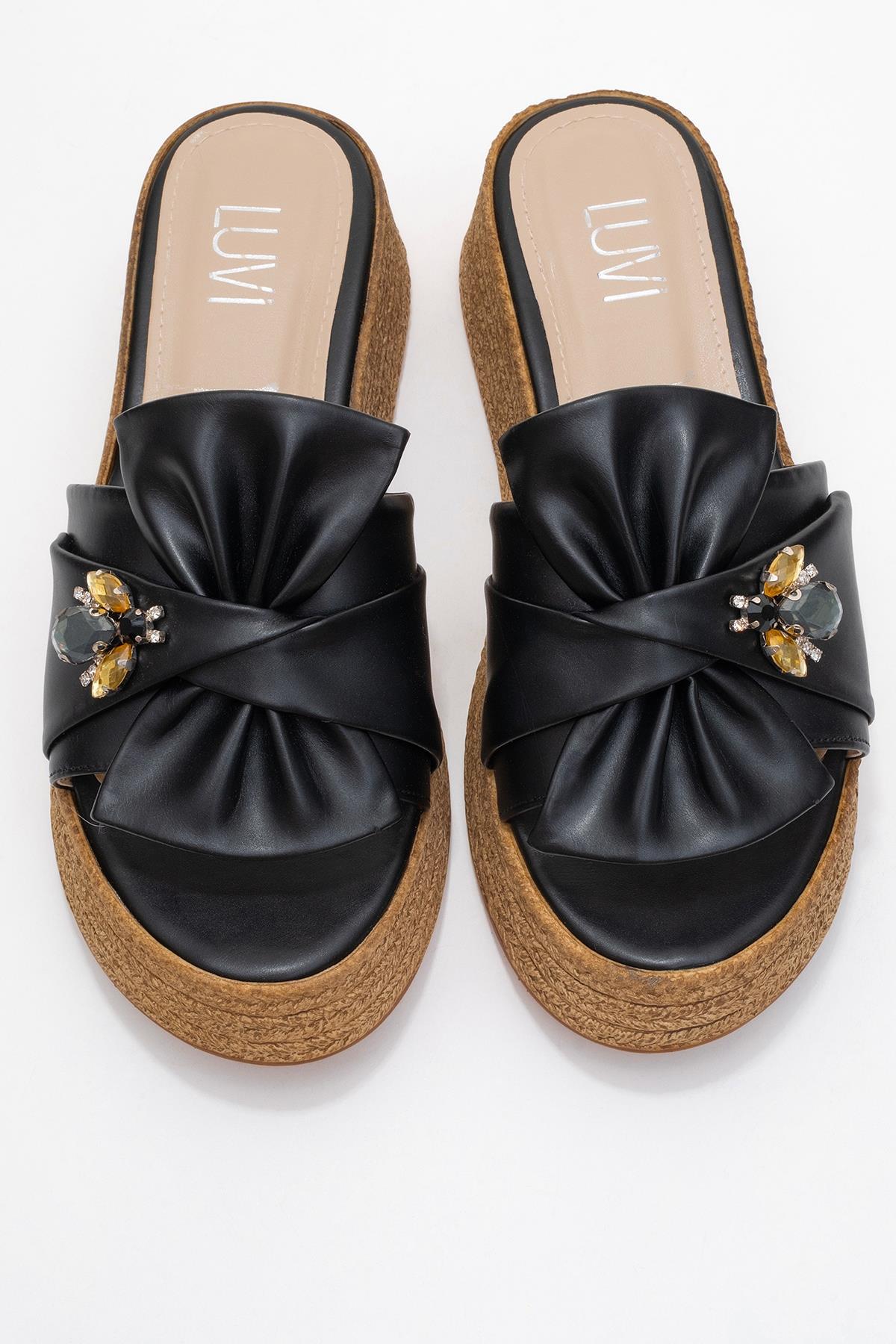 Shara Black Bow & Bee Buckle Platform Sandal – side view showing bow, leather, black, Vowalisse