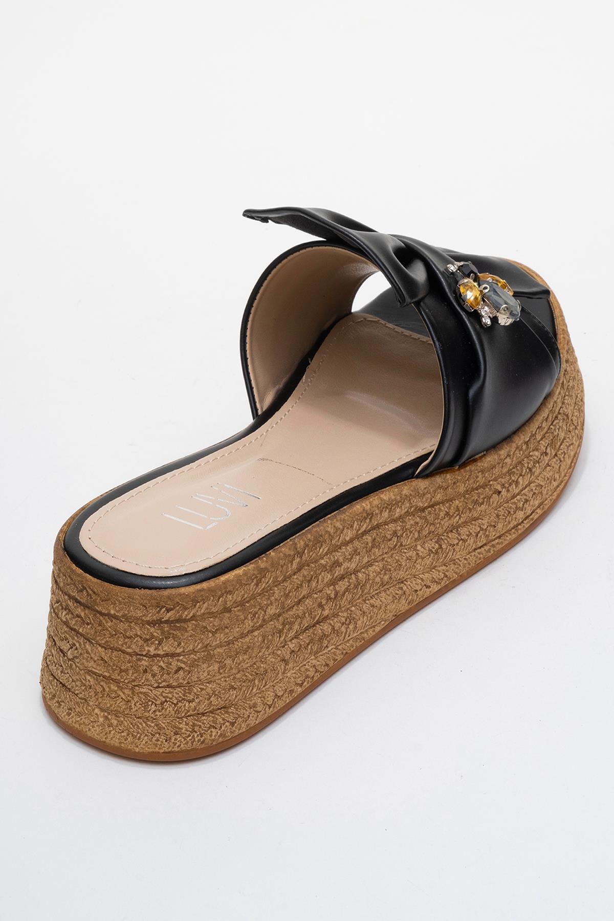 Shara Black Bow & Bee Buckle Platform Sandal – back view showing bow, leather, black, Vowalisse