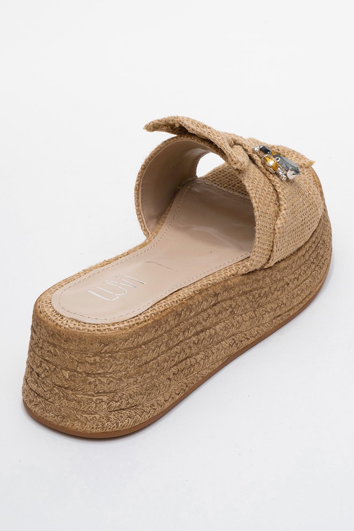 Shara Beige Braided Bow & Bee Buckle Platform Sandal – back view showing bow, leather, red, Vowalisse