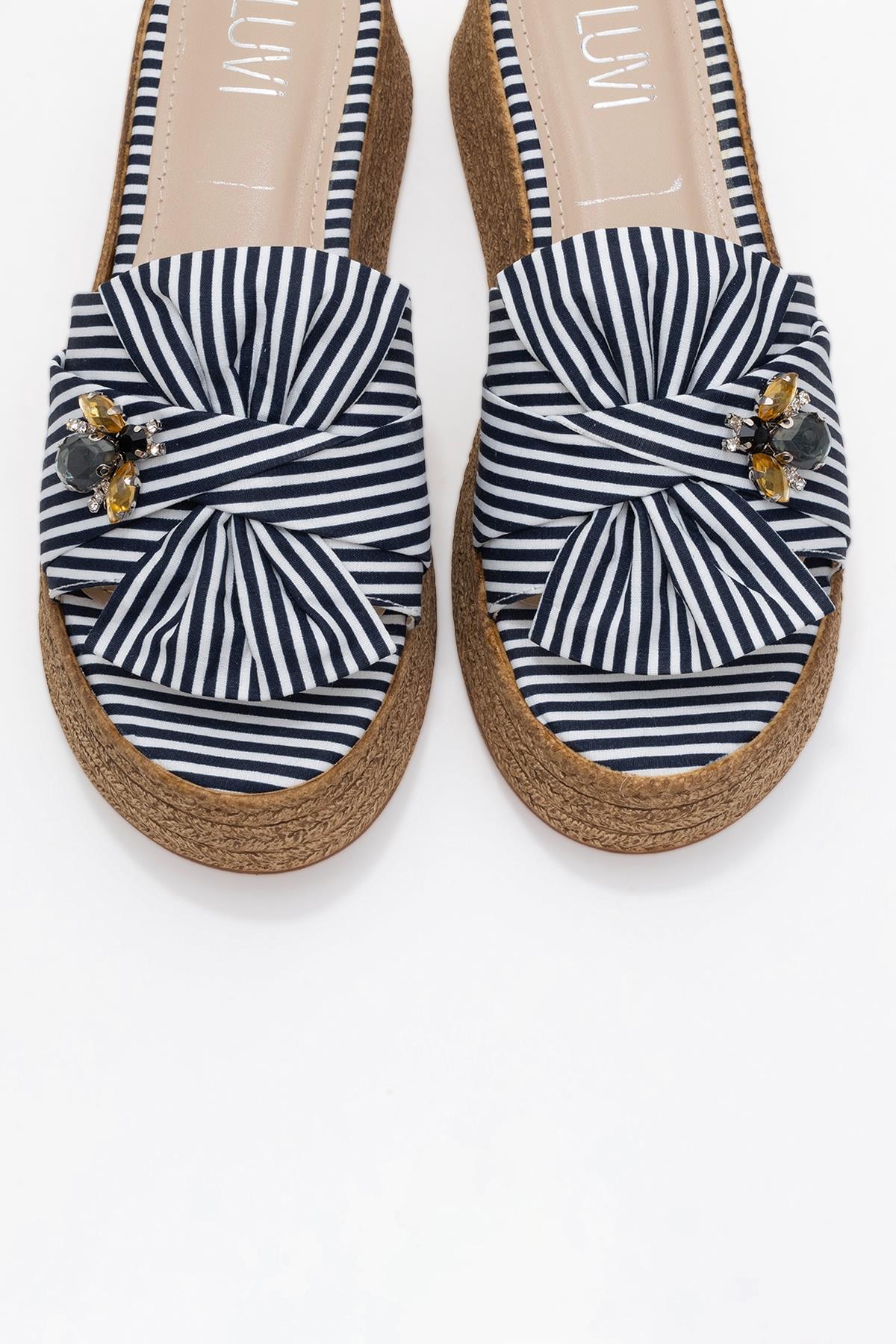 Shara Navy & White Striped Bow & Bee Buckle Platform Sandal – side view showing bow, leather, white, Vowalisse