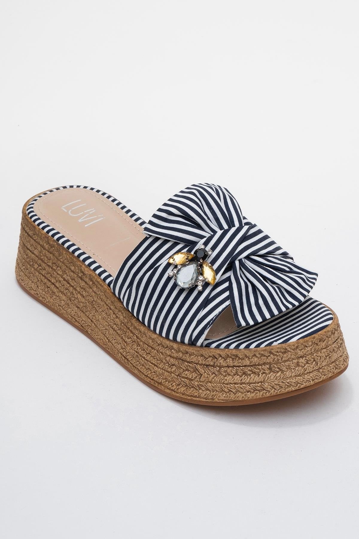 Shara Navy & White Striped Bow & Bee Buckle Platform Sandal – detail view showing bow, leather, white, Vowalisse