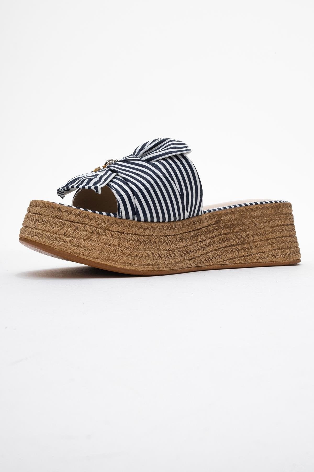 Shara Navy & White Striped Bow & Bee Buckle Platform Sandal – heel view showing bow, leather, white, Vowalisse