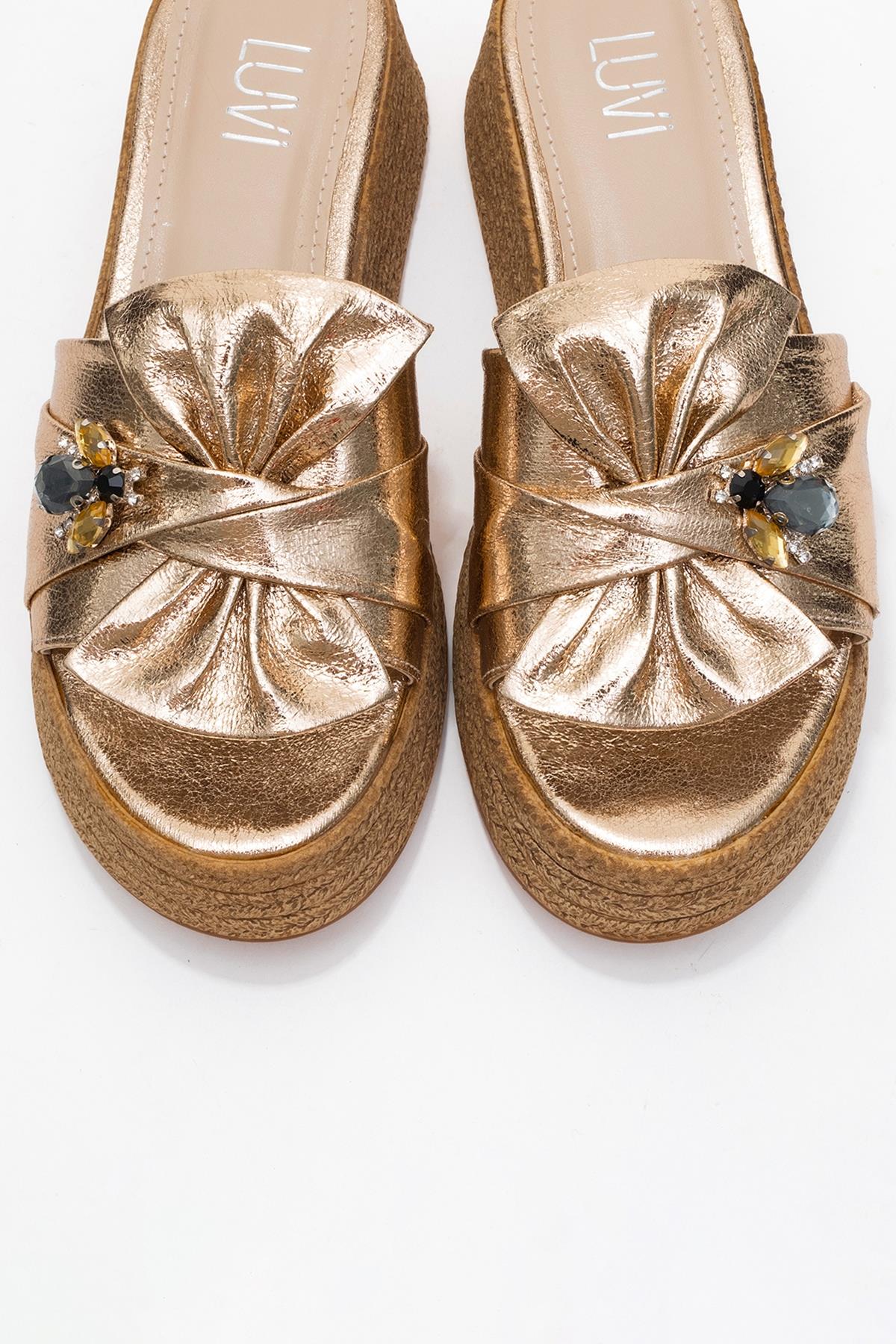 Shara Gold Bow & Bee Buckle Platform Sandal – side view showing bow, leather, gold, Vowalisse