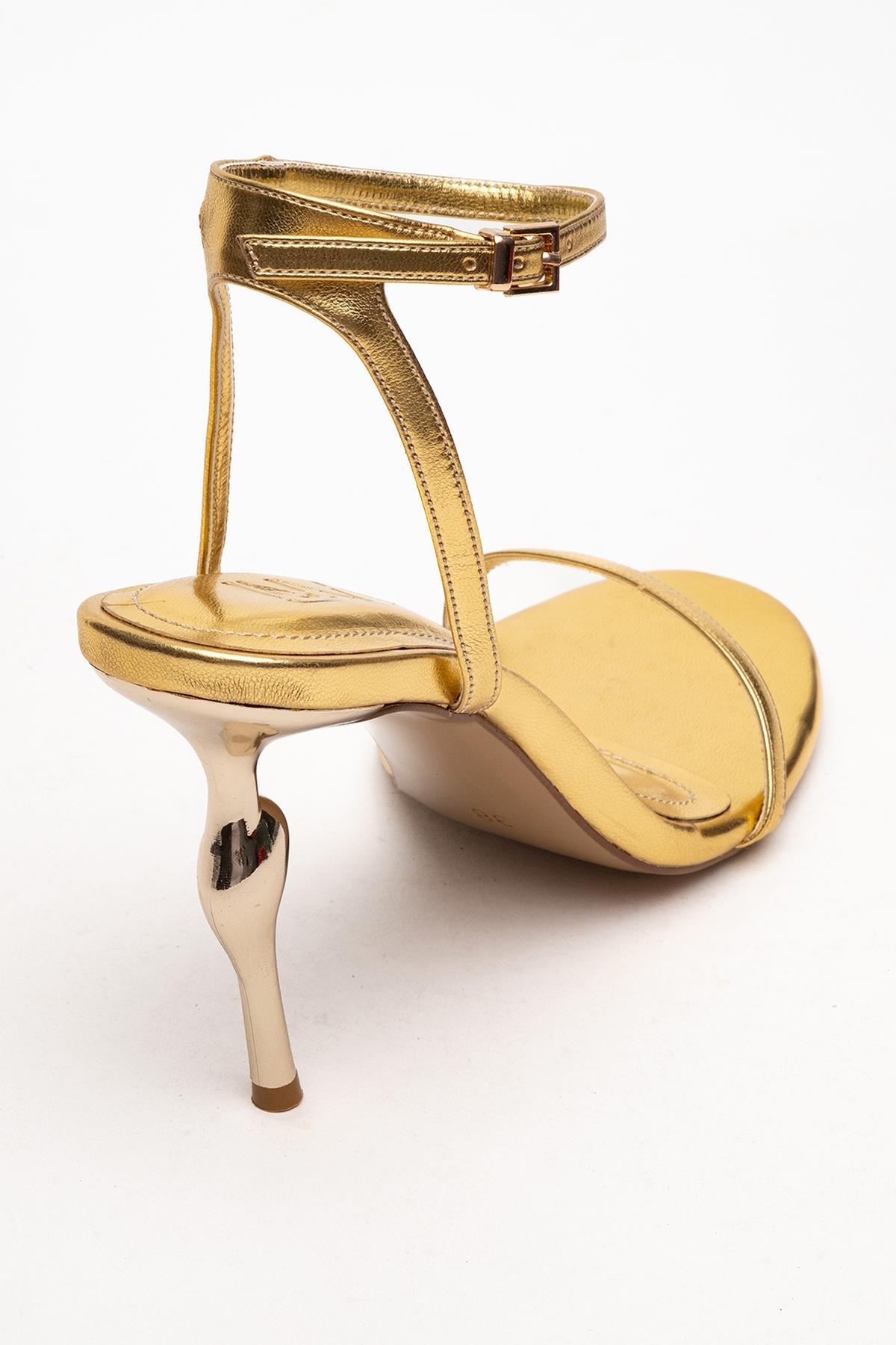 Jasmin - Gold Single-Strap High Heel – heel view showing leather, gold, Vowalisse