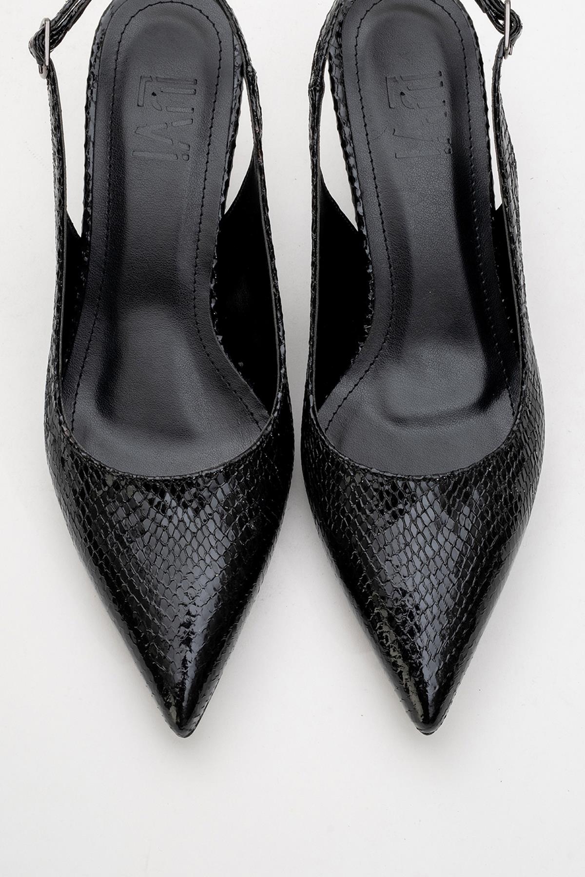 Value - Black Patterned Heeled Shoe – side view showing leather, black, Vowalisse