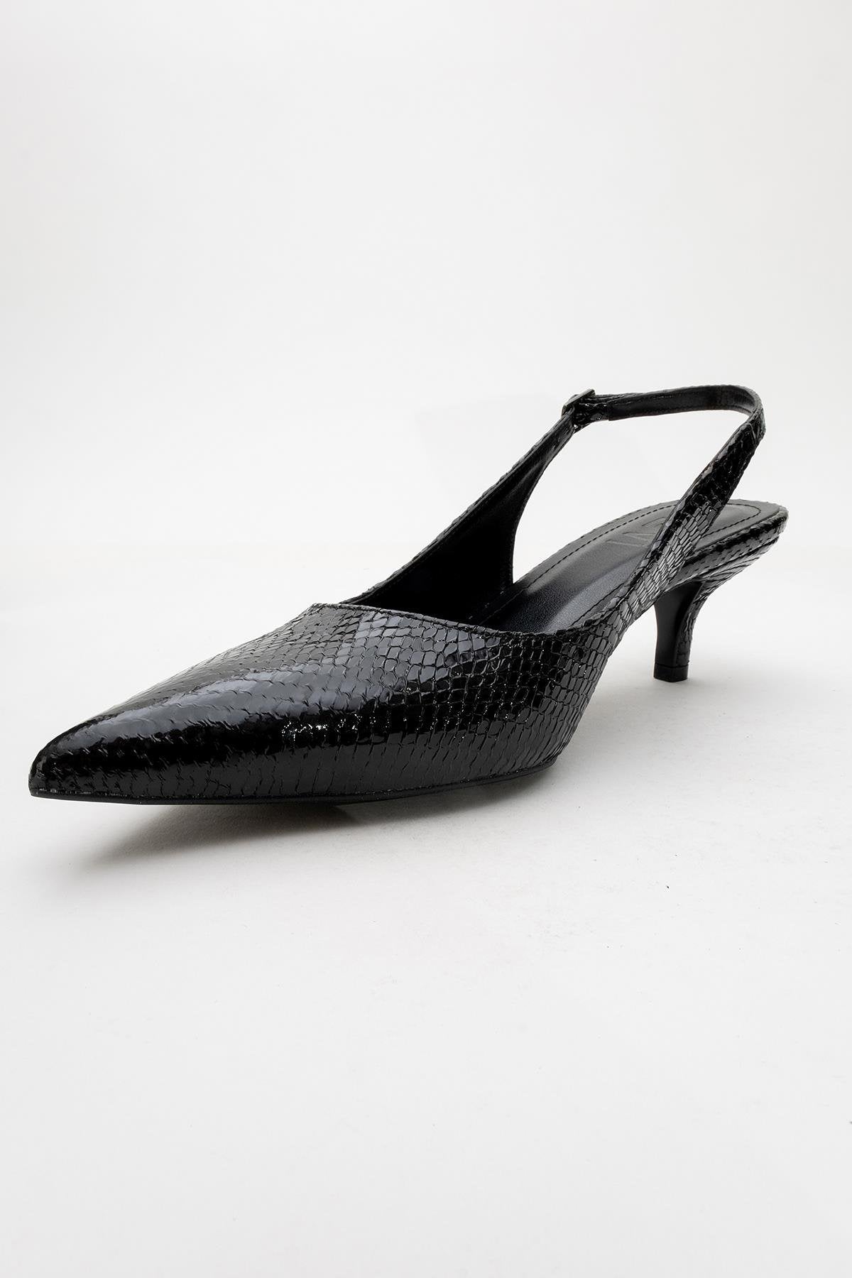 Value - Black Patterned Heeled Shoe – detail view showing leather, black, Vowalisse