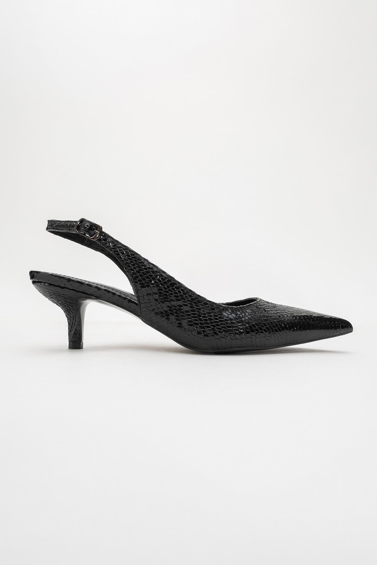 Value - Black Patterned Heeled Shoe – back view showing leather, black, Vowalisse