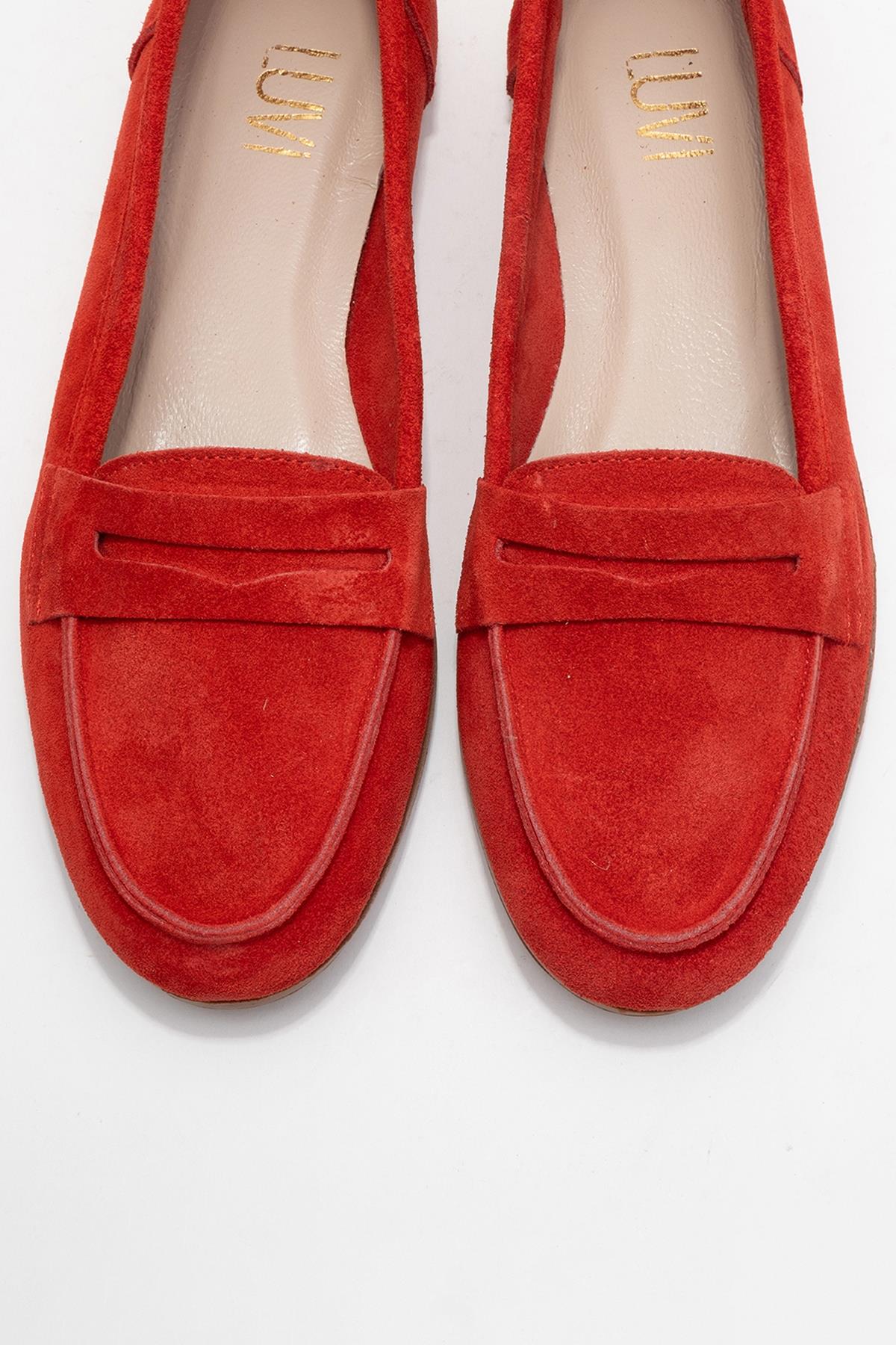 Dorothy - Red Suede Leather Loafers – side view showing leather, suede, red, Vowalisse