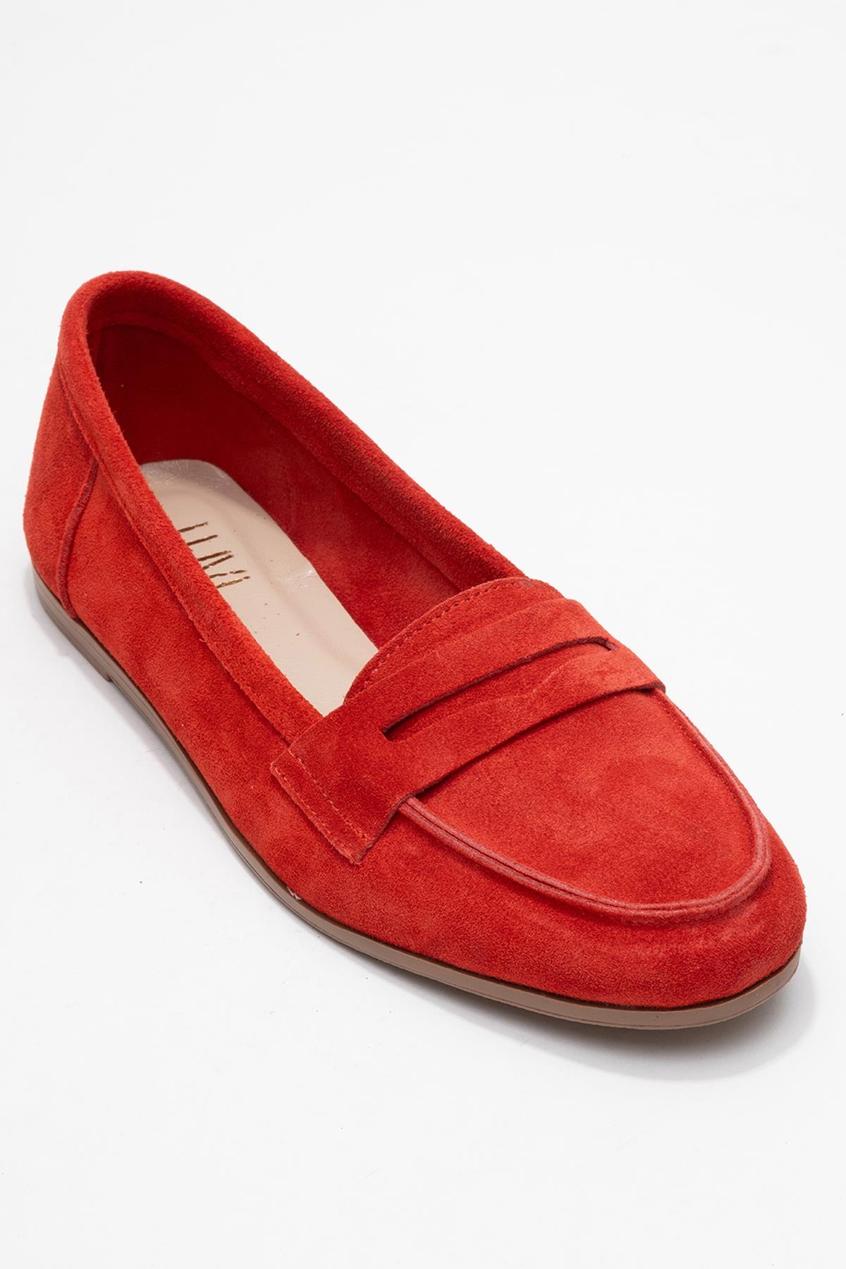 Dorothy - Red Suede Leather Loafers – detail view showing leather, suede, red, Vowalisse