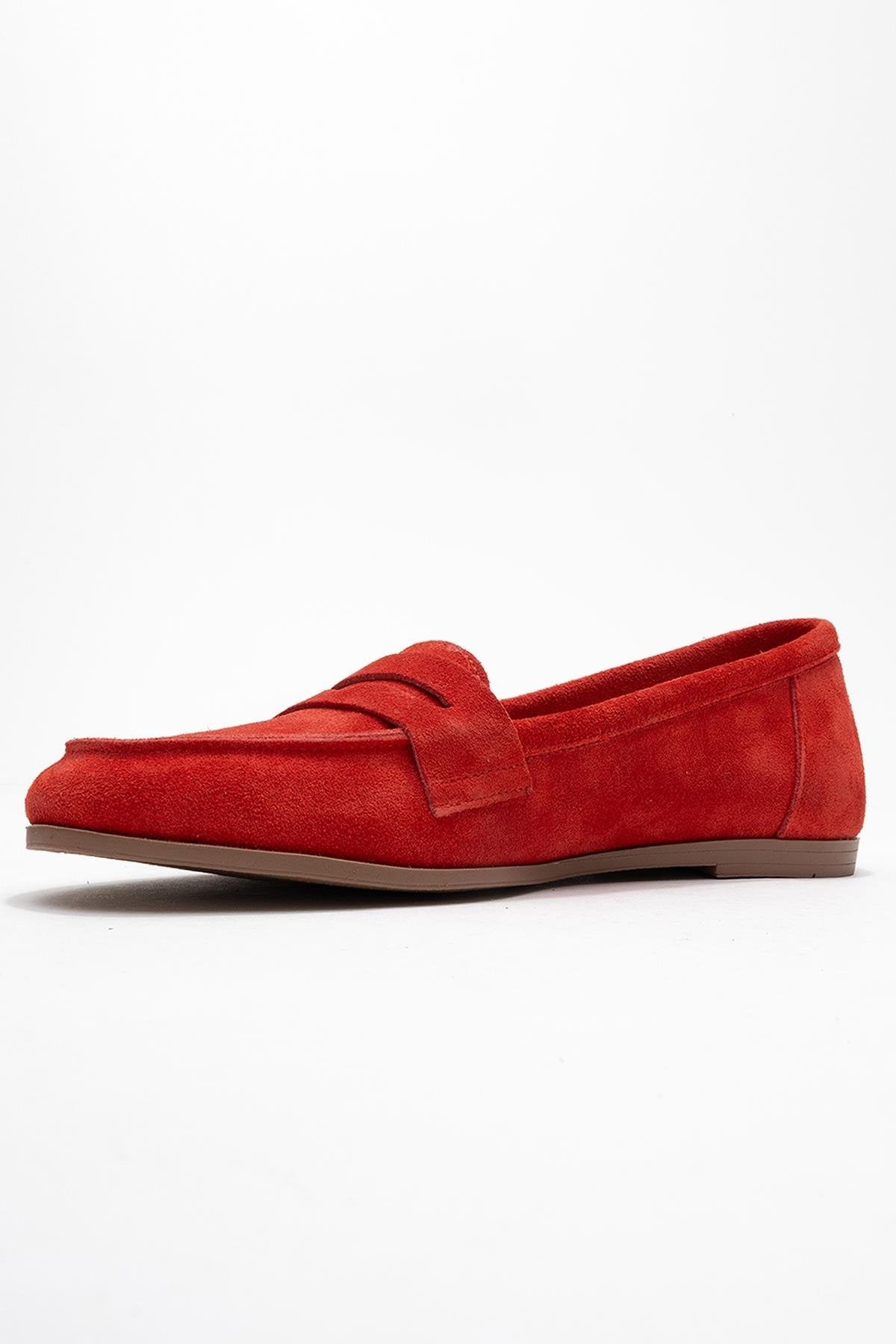 Dorothy - Red Suede Leather Loafers – heel view showing leather, suede, red, Vowalisse