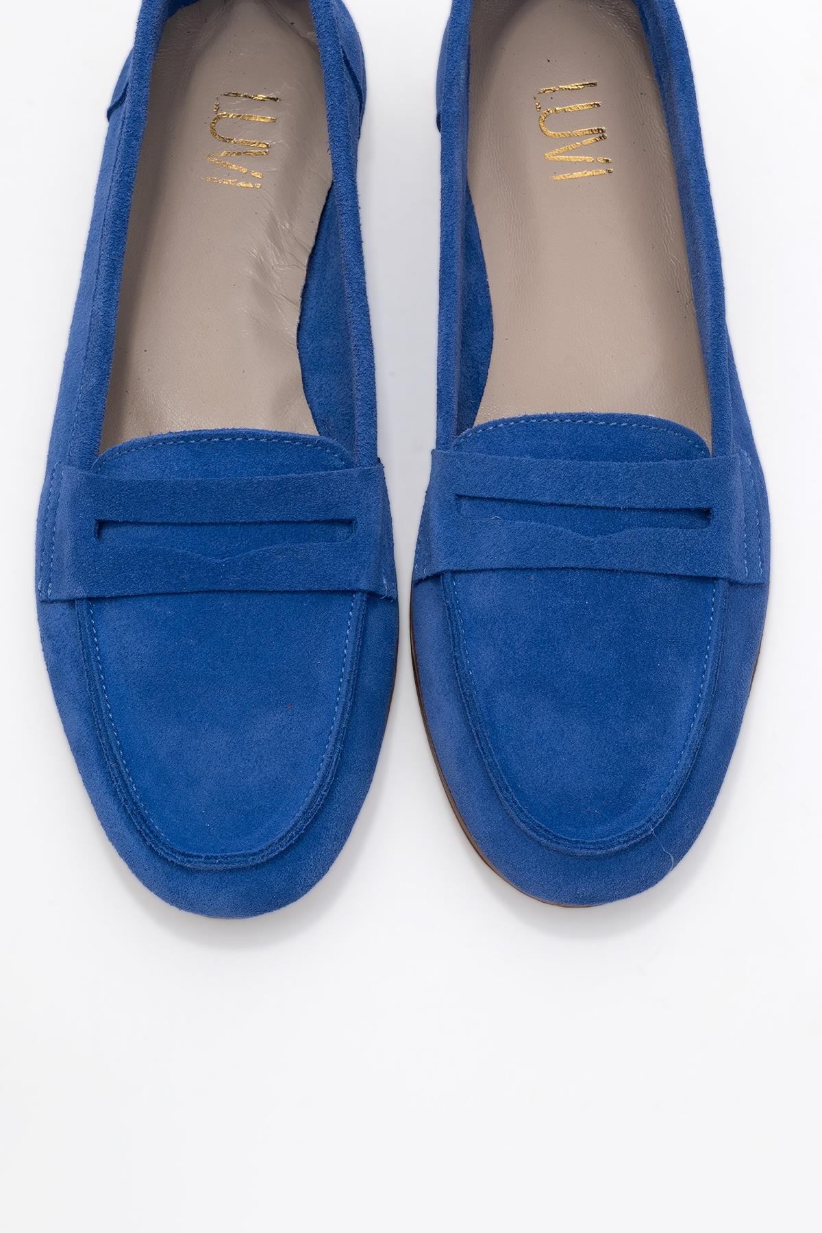 Dorothy - Blue Suede Leather Loafers – side view showing leather, suede, blue, Vowalisse