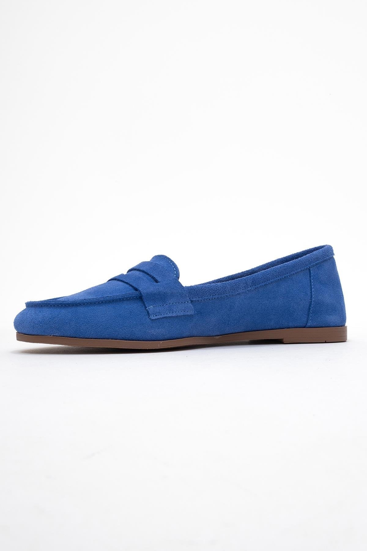 Dorothy - Blue Suede Leather Loafers – heel view showing leather, suede, blue, Vowalisse