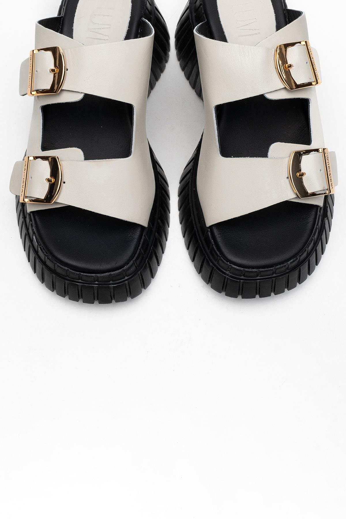 Joanes - Ecru Genuine Leather Double-Strap Wedge Sandal – side view showing leather, Vowalisse