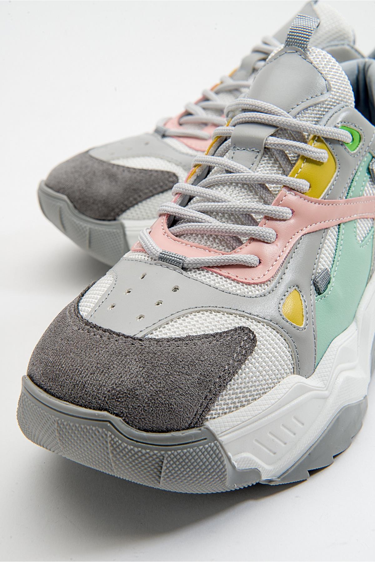 Loretta - White Multi Sneaker – detail view showing leather, white, Vowalisse